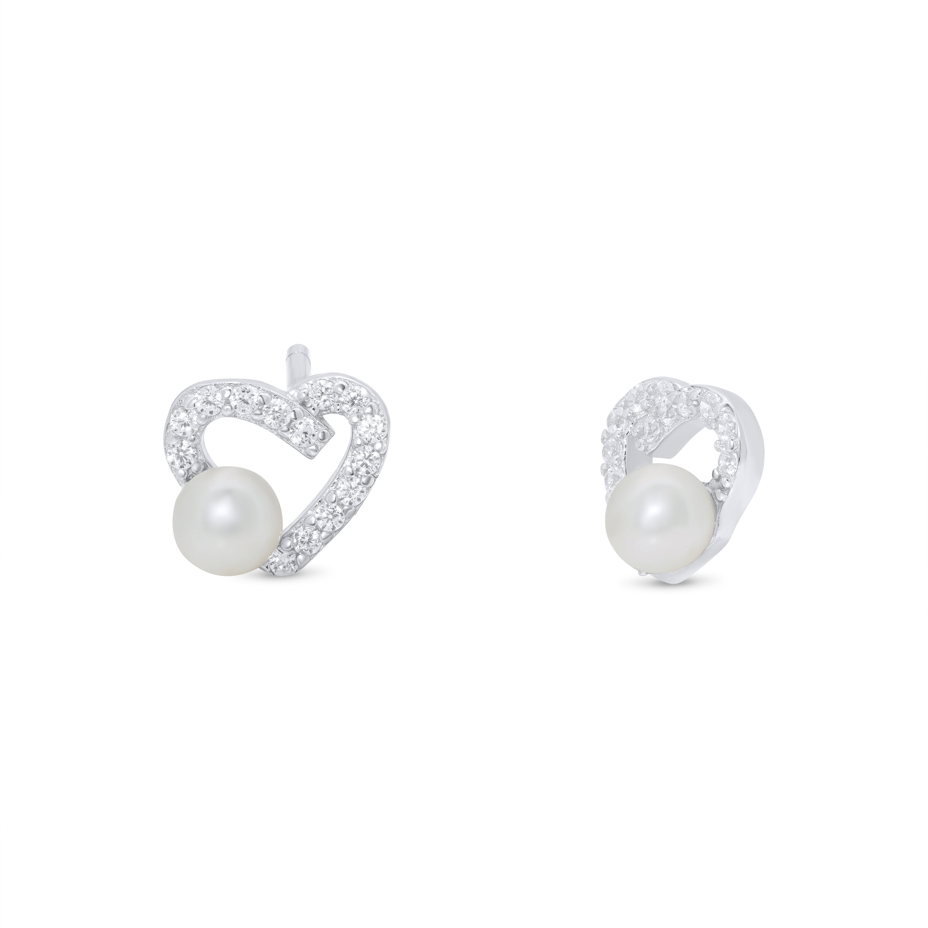 Sterling Silver Rhodium Plated Assymetrical Heart Synthetic Pearl Stud Earring - JTE00001