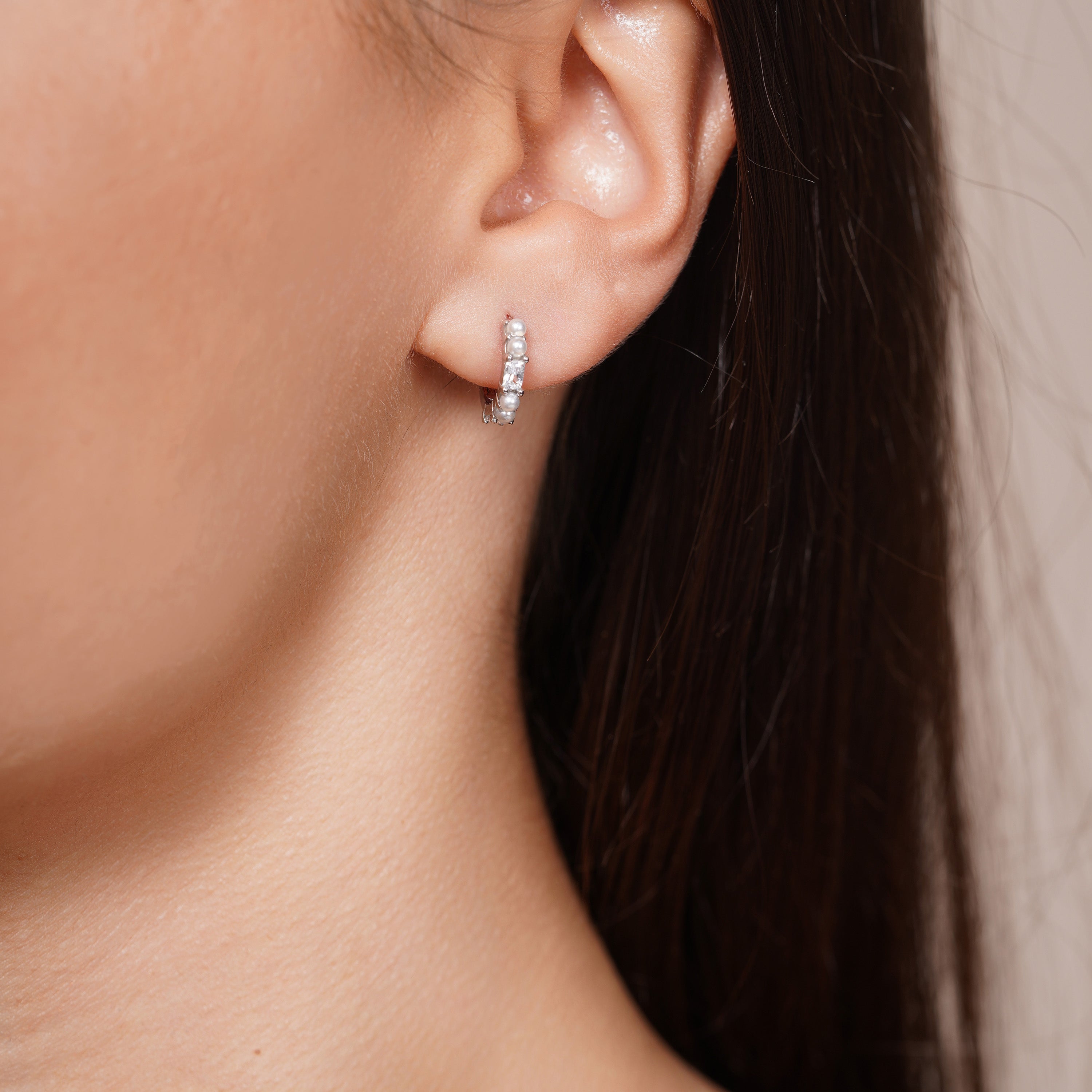 Sterling Silver Rhodium Plated Synthetic Pearl Baguette Clear CZ Hoop Earring - JTE00004