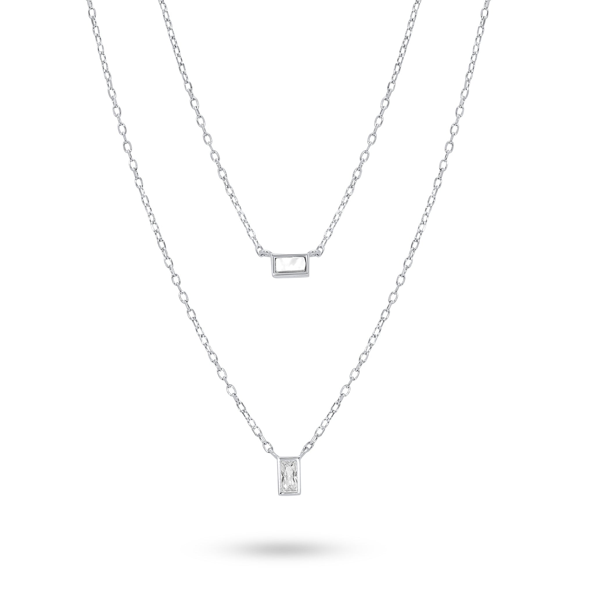 Rhodium Plated 925 Sterling Silver Layered Double Strand Baguette CZ Charm Adjustable Necklace - JTN00001