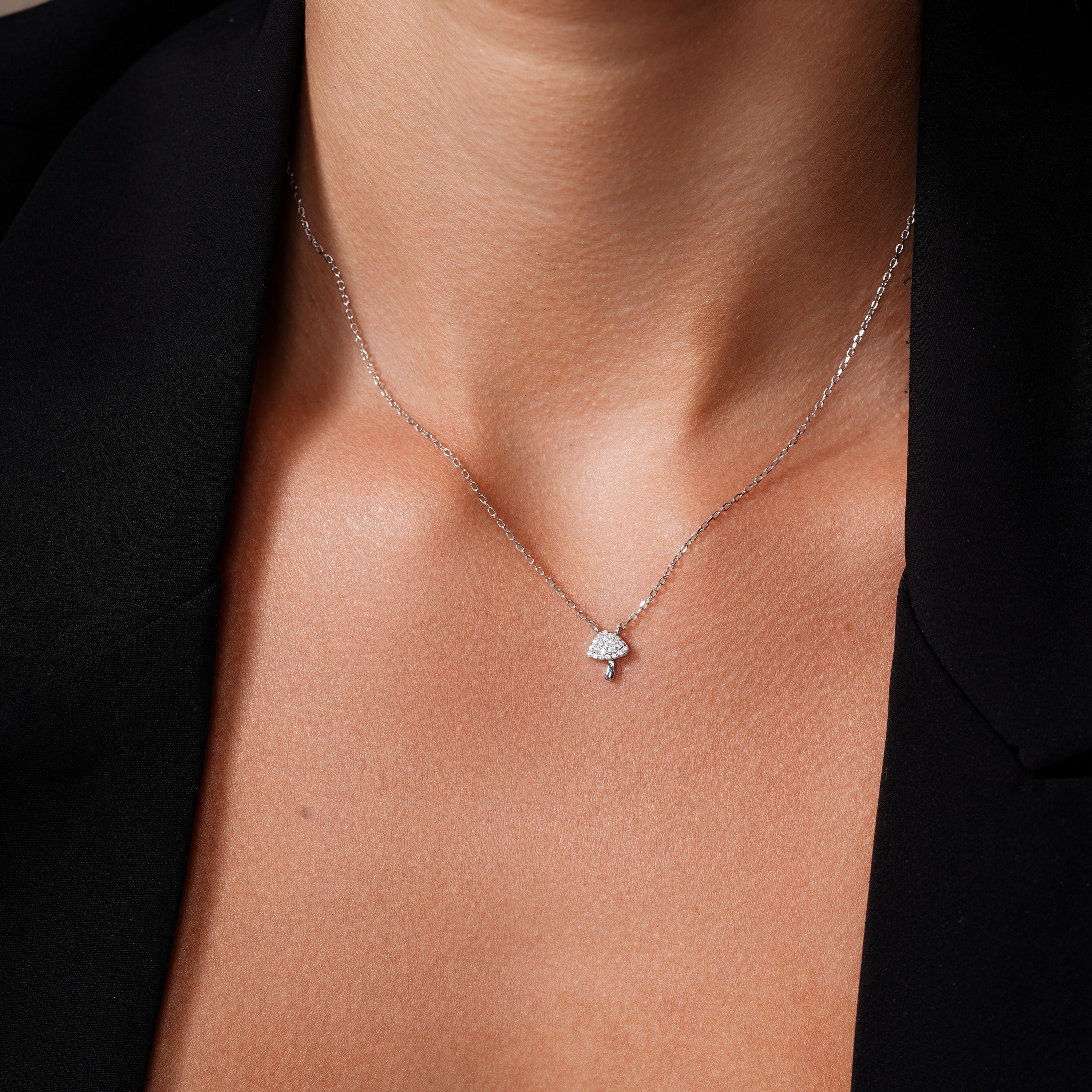 Rhodium Plated 925 Sterling Silver Mushroom Charm Adjustable Necklace - JTN00003