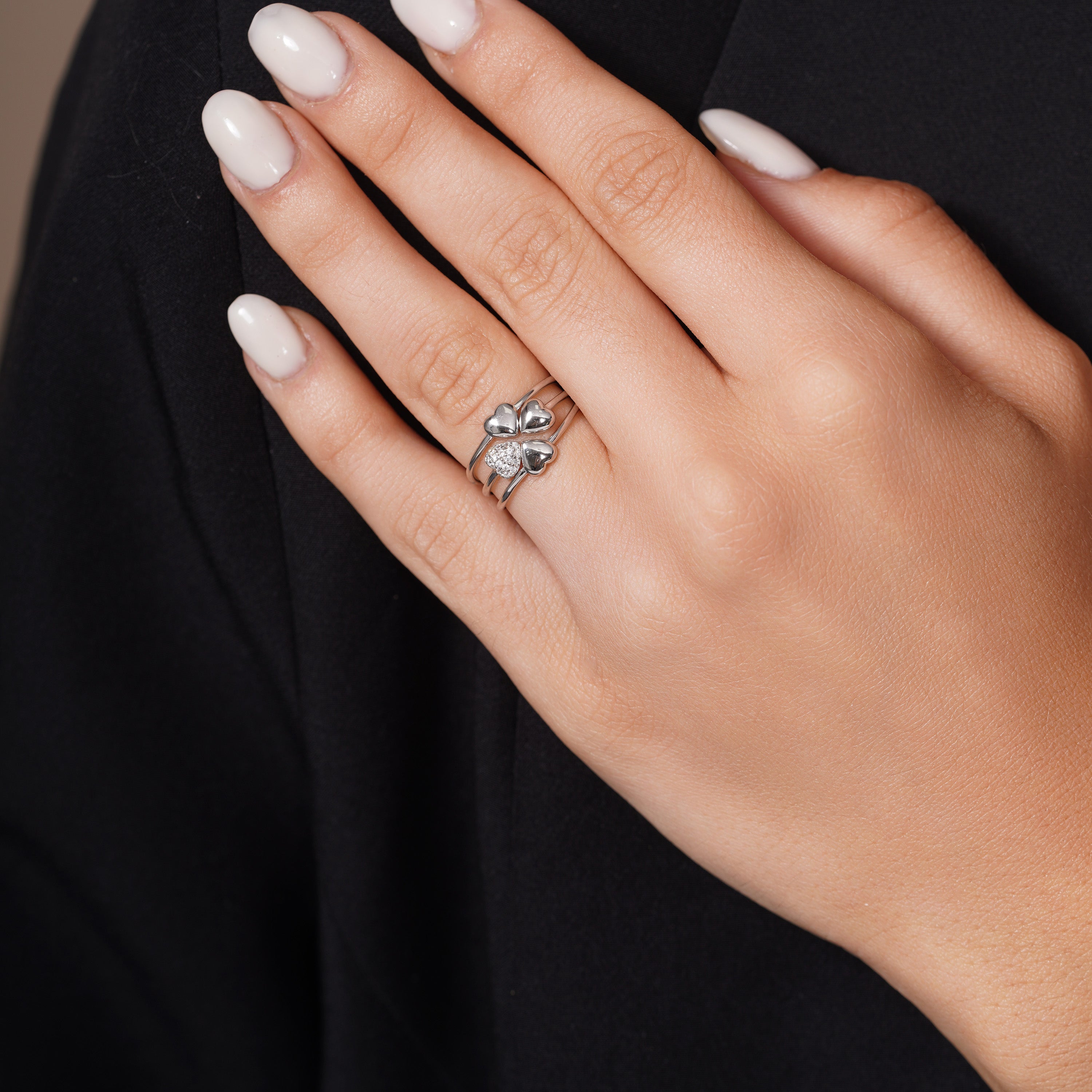 Rhodium Plated 925 Sterling Silver Heart Clover Clear CZ Ring Set - JTR00001