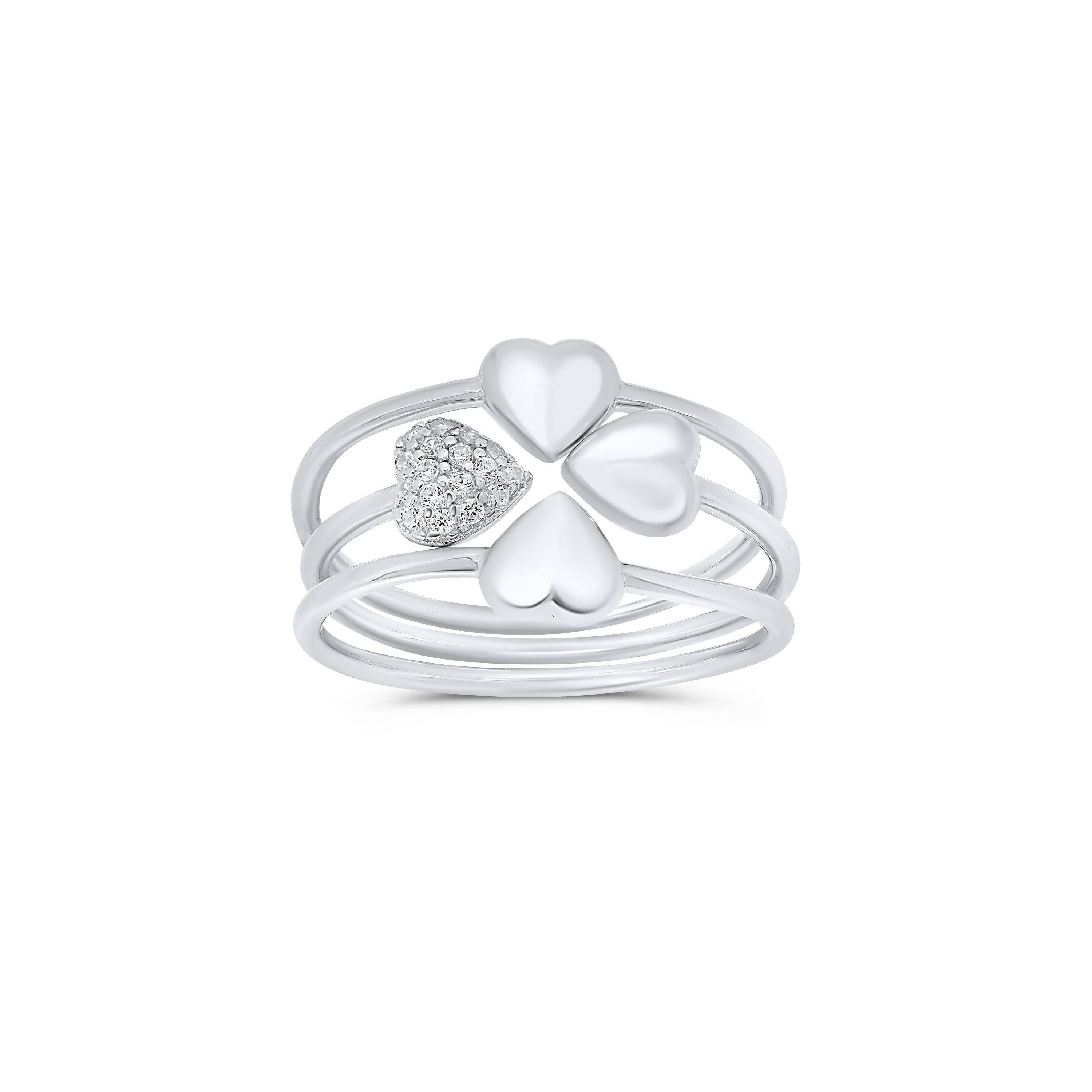 Rhodium Plated 925 Sterling Silver Heart Clover Clear CZ Ring Set - JTR00001