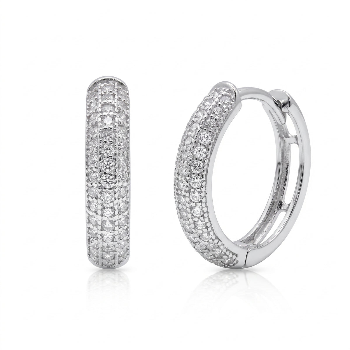 Pendientes de aro Huggie con circonitas de laboratorio de varias filas de plata de ley 925 bañados en rodio - LGME00013