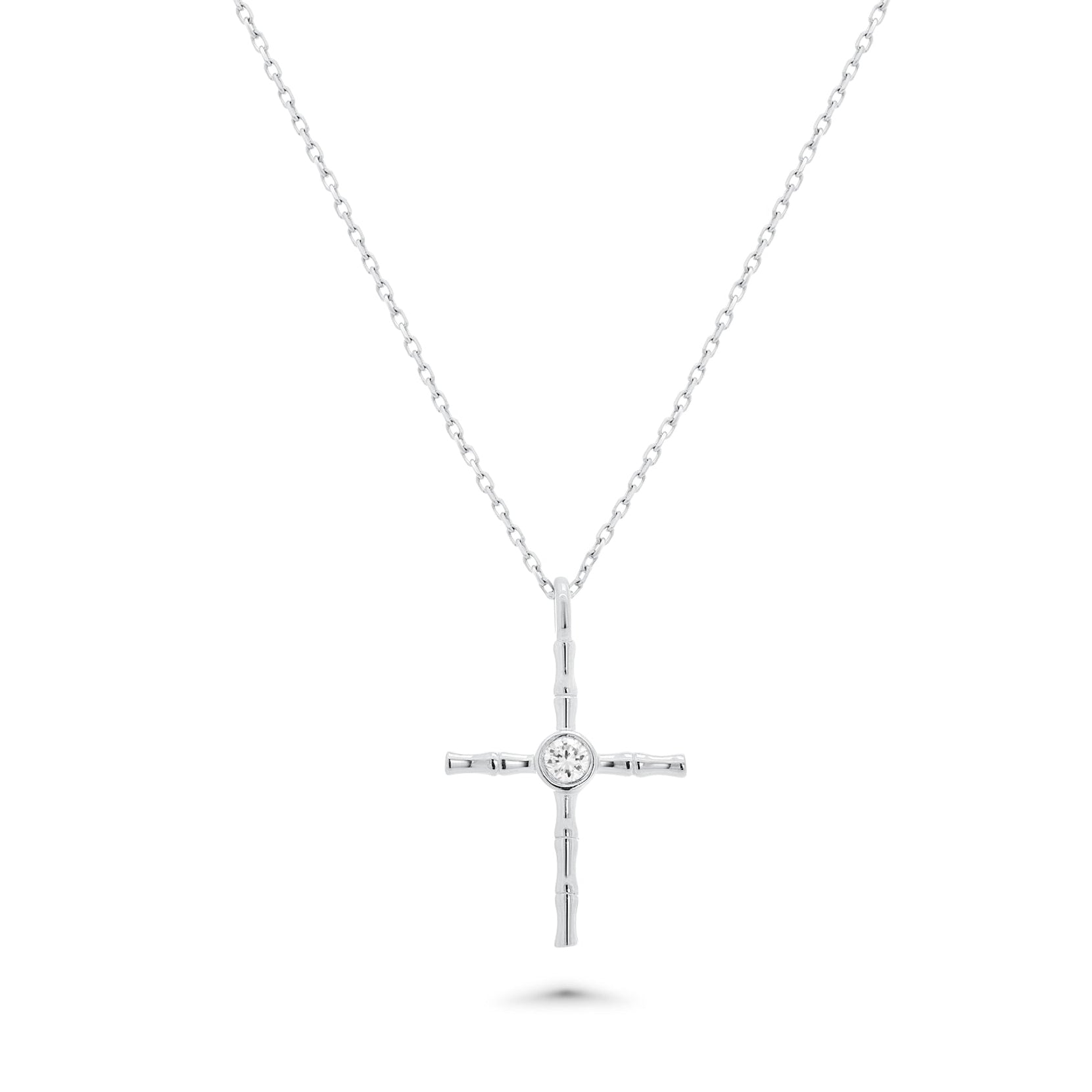 Rhodium Plated 925 Sterling Silver Round Lab Grown Diamond Cross Necklace - LGMN00008