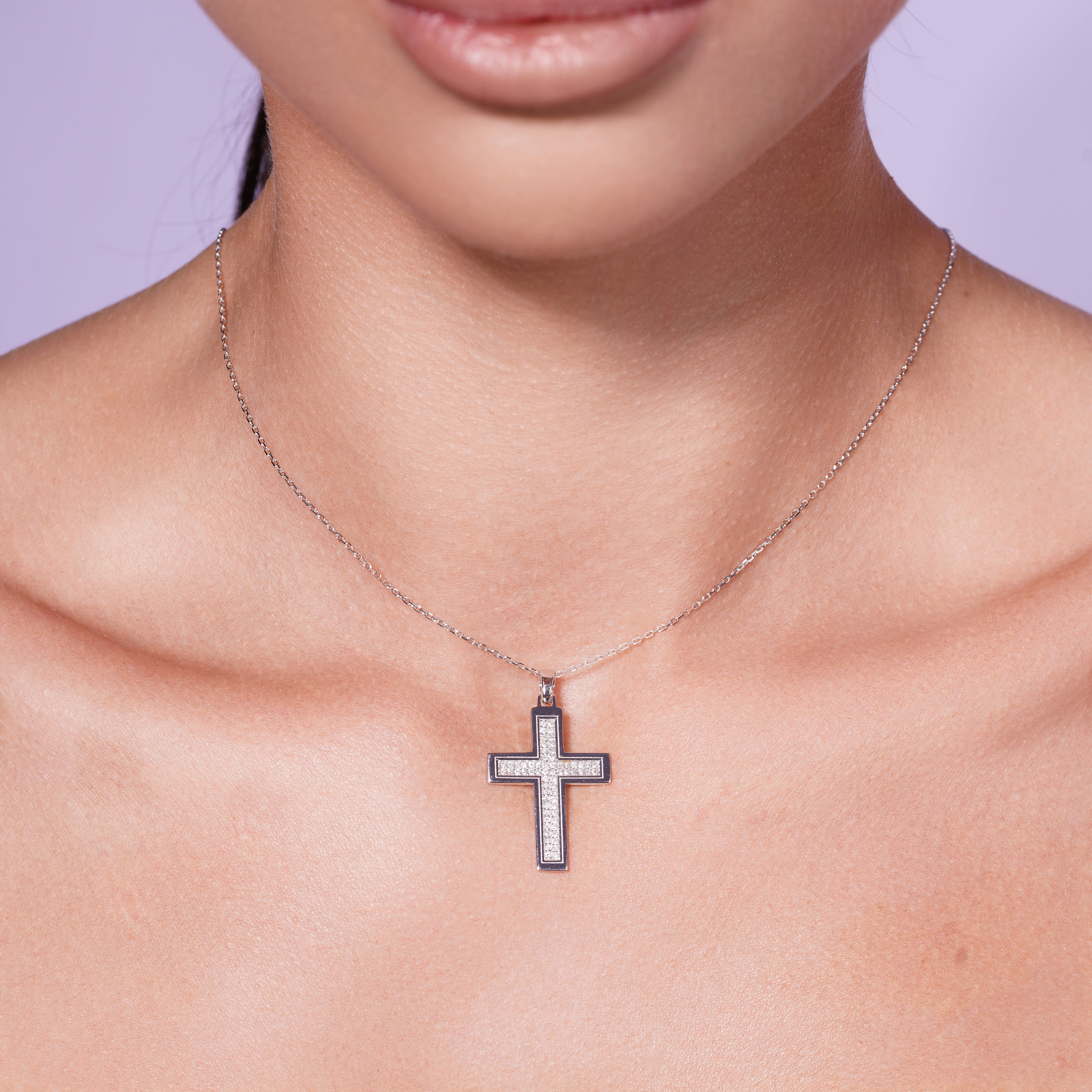 Rhodium Plated 925 Sterling Silver Lab Grown Diamond 34mm x 21mm Cross Pendant Necklace - LGMN00009