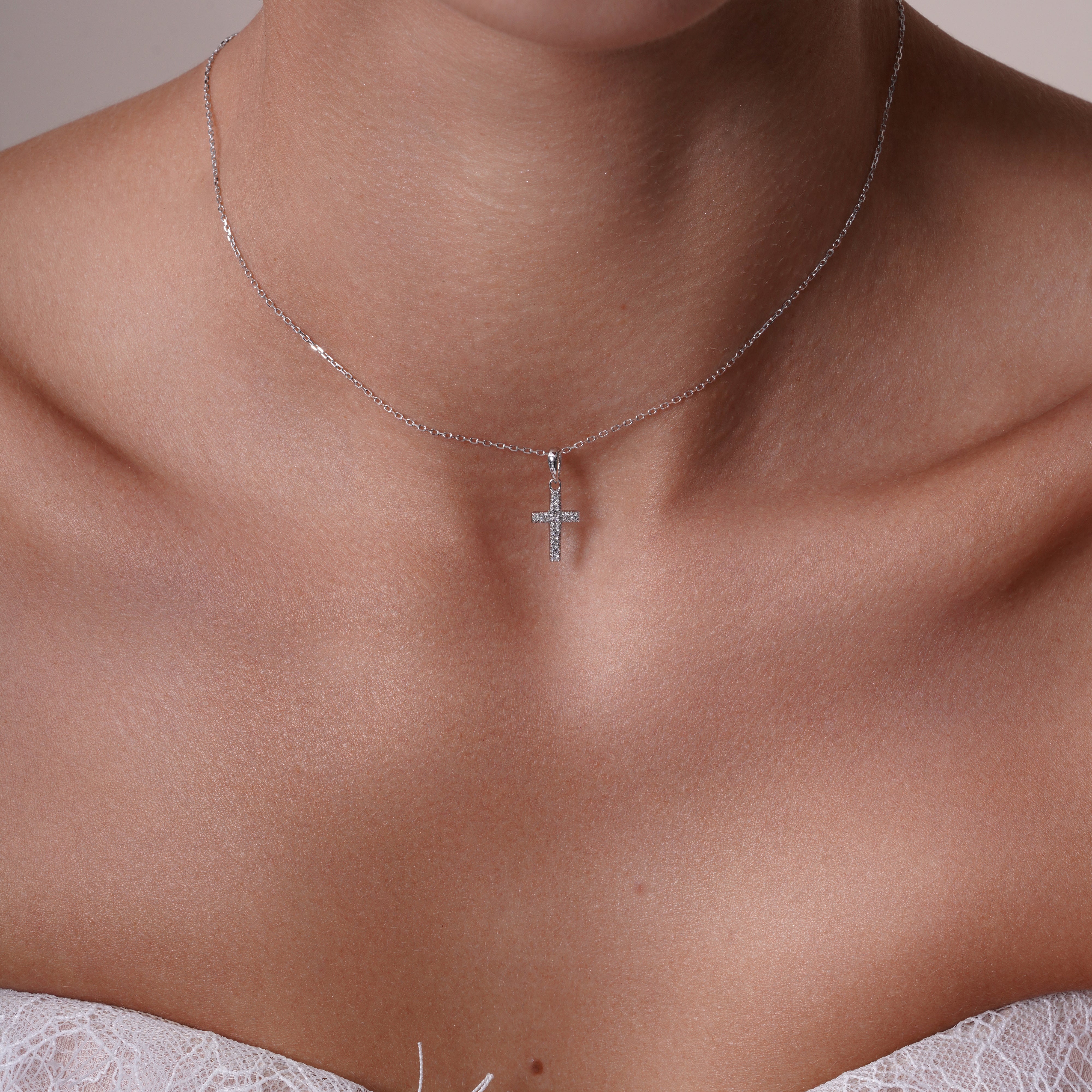 Rhodium Plated 925 Sterling Silver Dainty Lab Grown Diamond Cross Necklace - LGMN00010