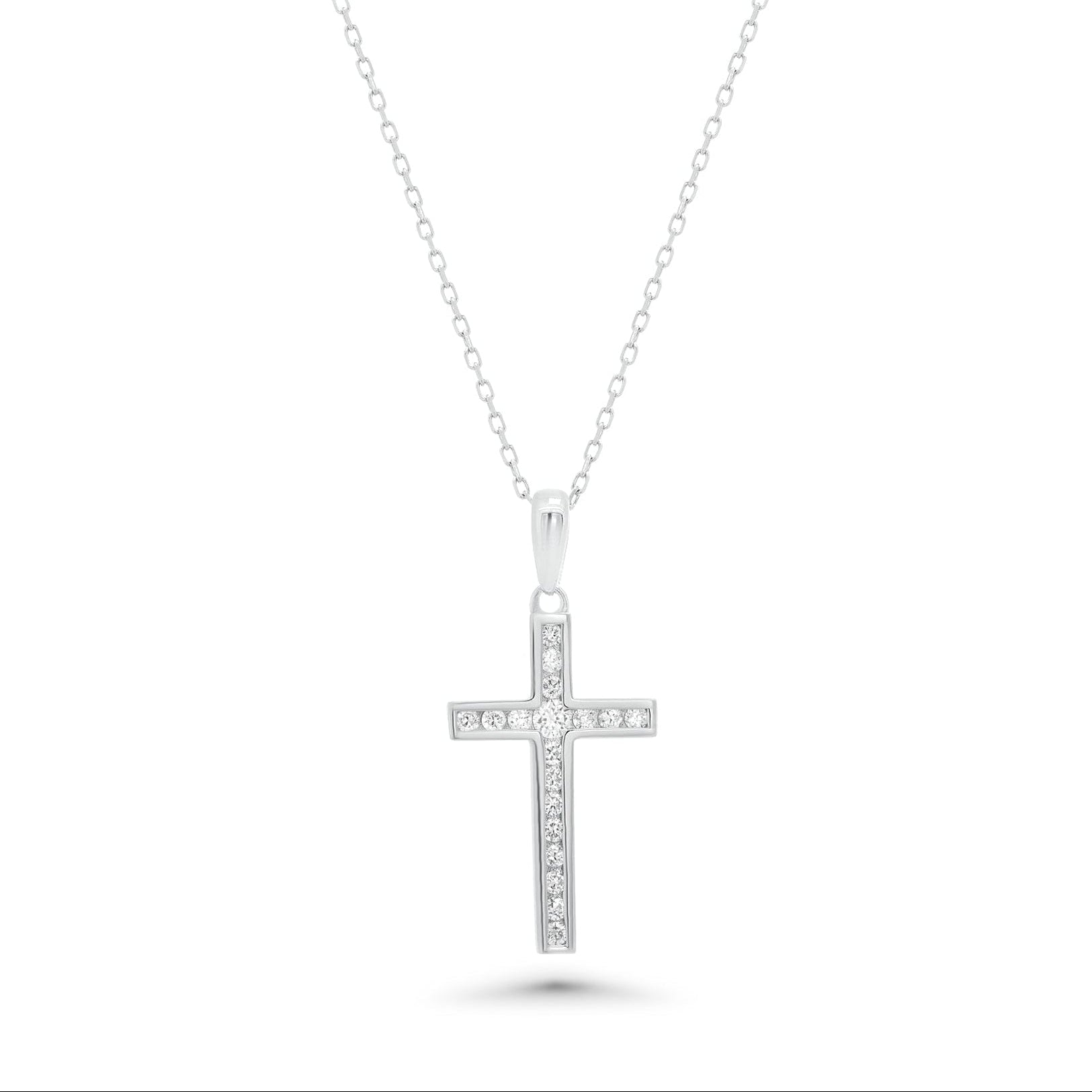 Rhodium Plated 925 Sterling Silver Dainty Lab Grown Diamond 22.5mm x 13.5mm Cross Pendant Necklace - LGMN00011