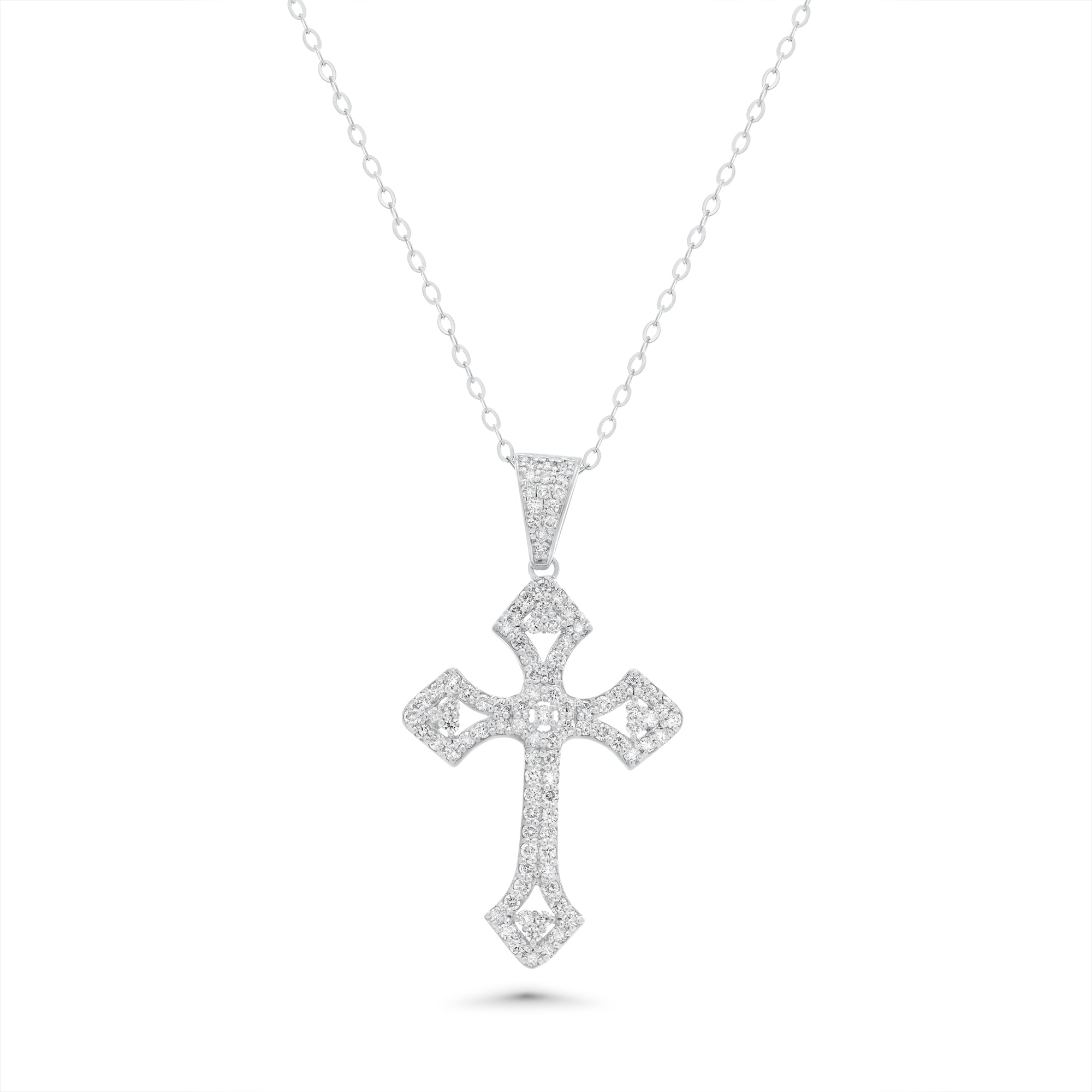 Rhodium Plated 925 Sterling Silver Ornate Large Lab Grown Diamond Cross Necklace - LGMN00012