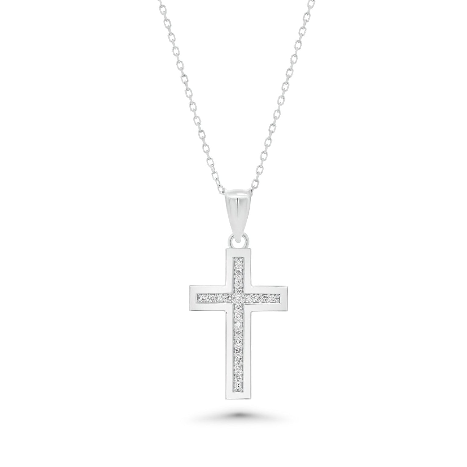 Rhodium Plated 925 Sterling Silver Outlined Lab Grown Diamond 23.5 mm x 14.5mm Cross Pendant Necklace - LGMN00013