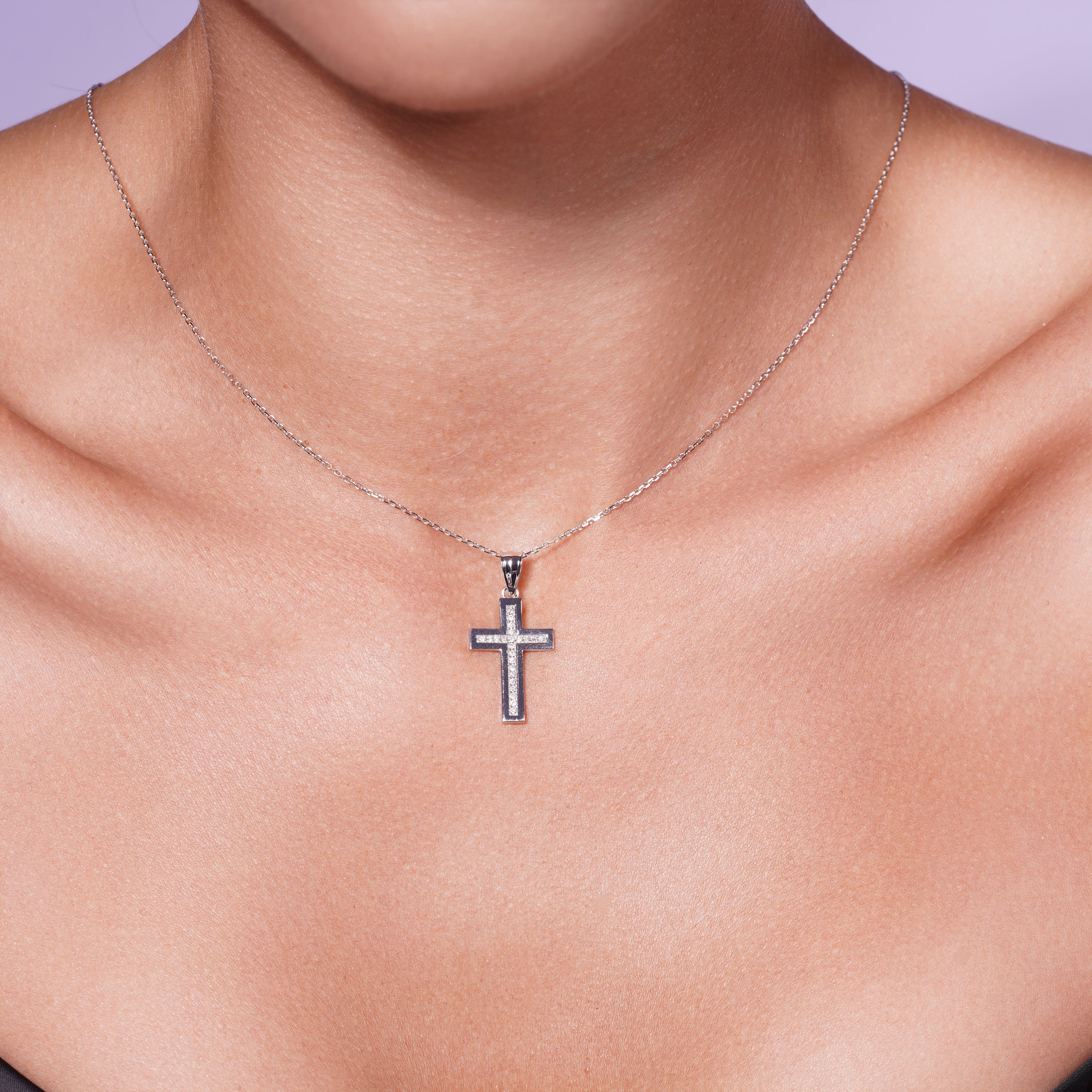 Rhodium Plated 925 Sterling Silver Outlined Lab Grown Diamond 23.5 mm x 14.5mm Cross Pendant Necklace - LGMN00013