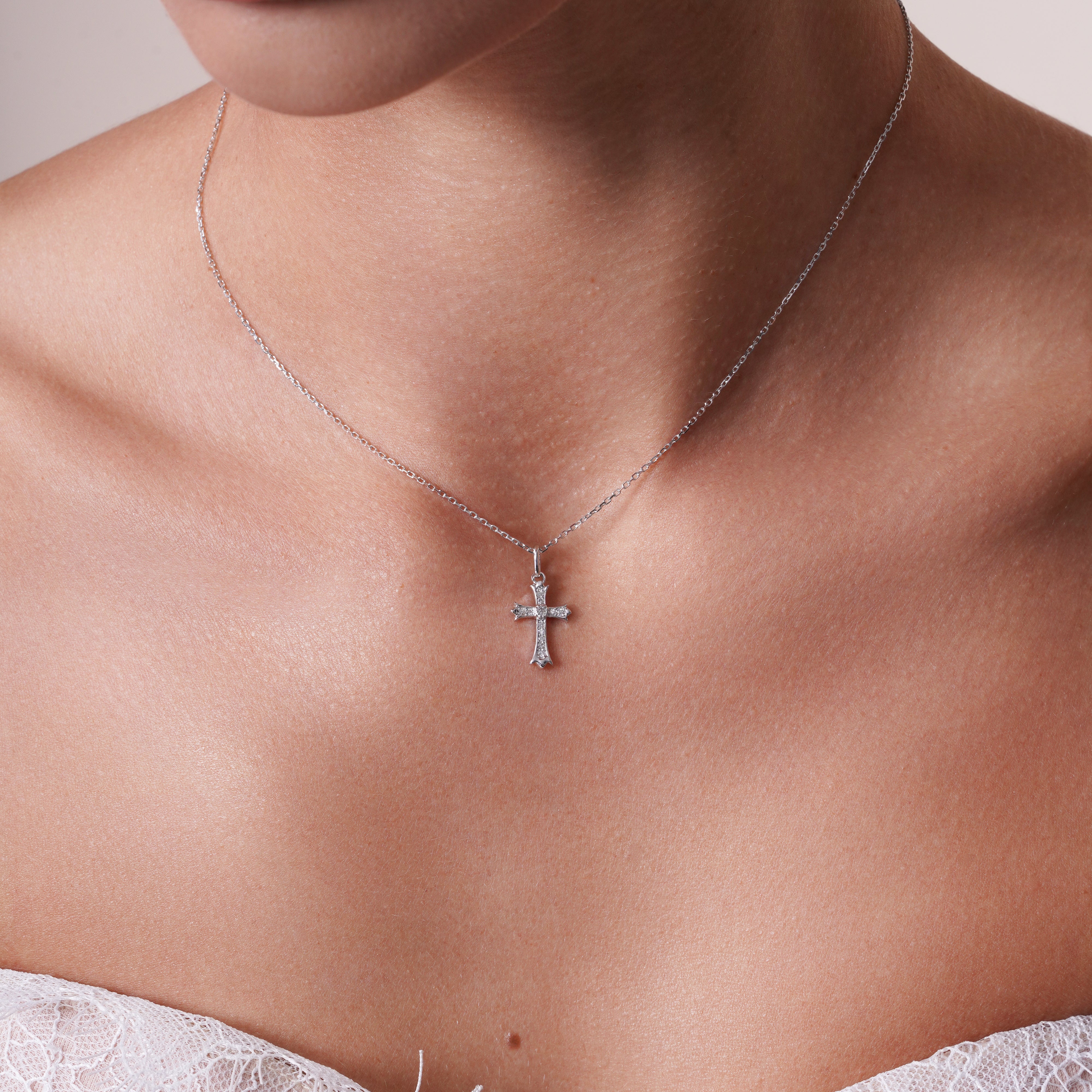 Rhodium Plated 925 Sterling Silver Dainty Lab Grown Diamond Cross Necklace - LGMN00015