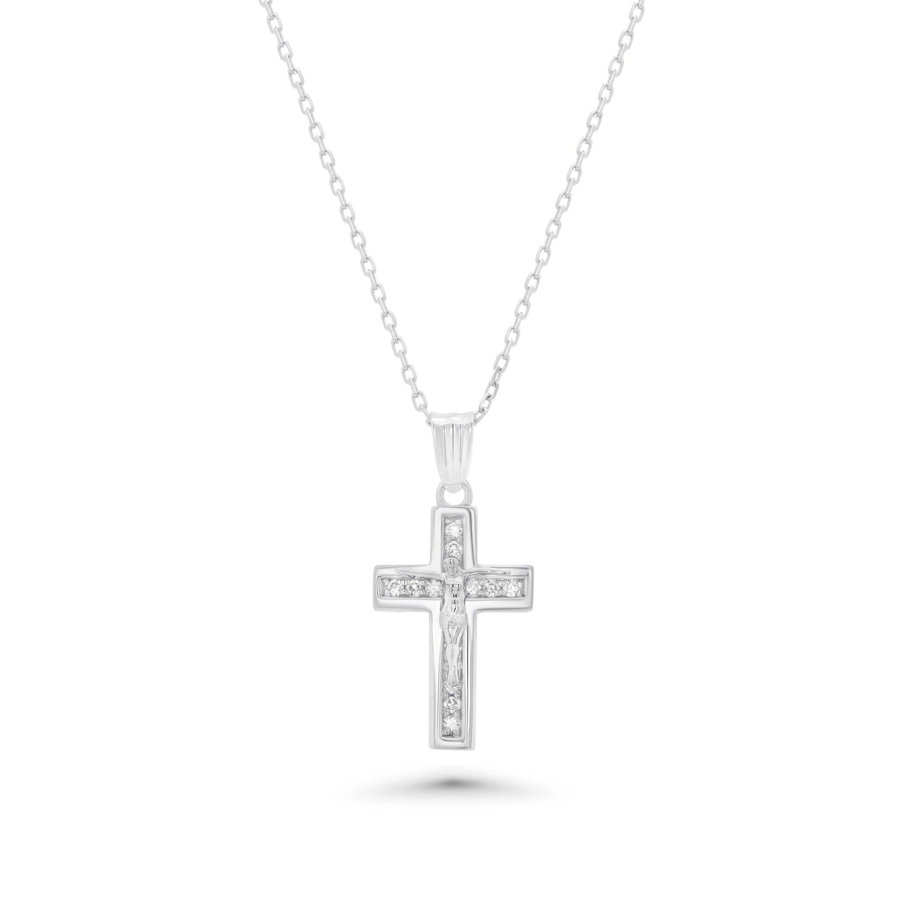 Rhodium Plated 925 Sterling Silver Dainty Lab-Grown Diamond Crucifix Pendant Necklace- LGMN00016