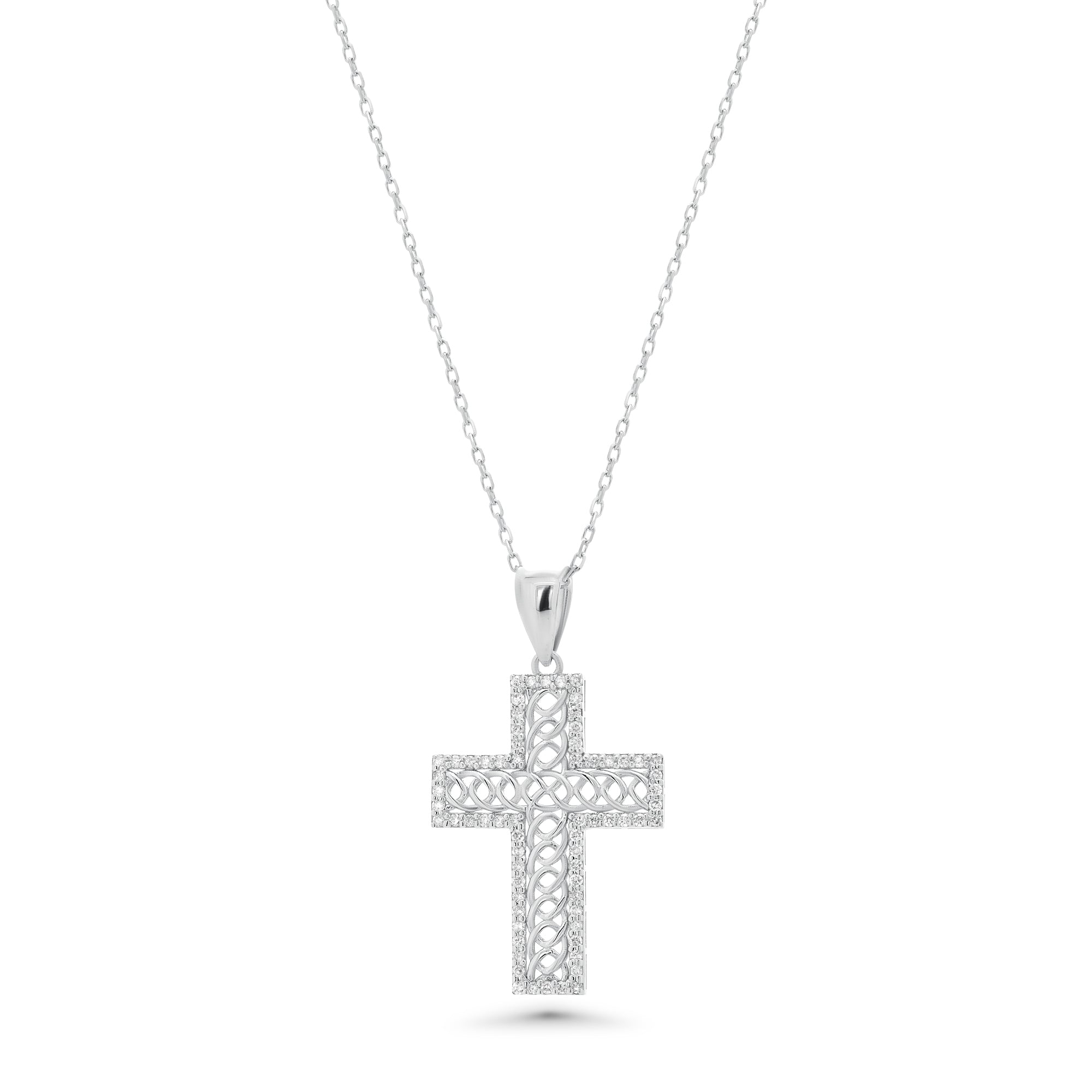 Rhodium Plated 925 Sterling Silver Ornate Lab Grown Diamond 25mm x 18.3mm Cross Pendant Necklace - LGMN00017