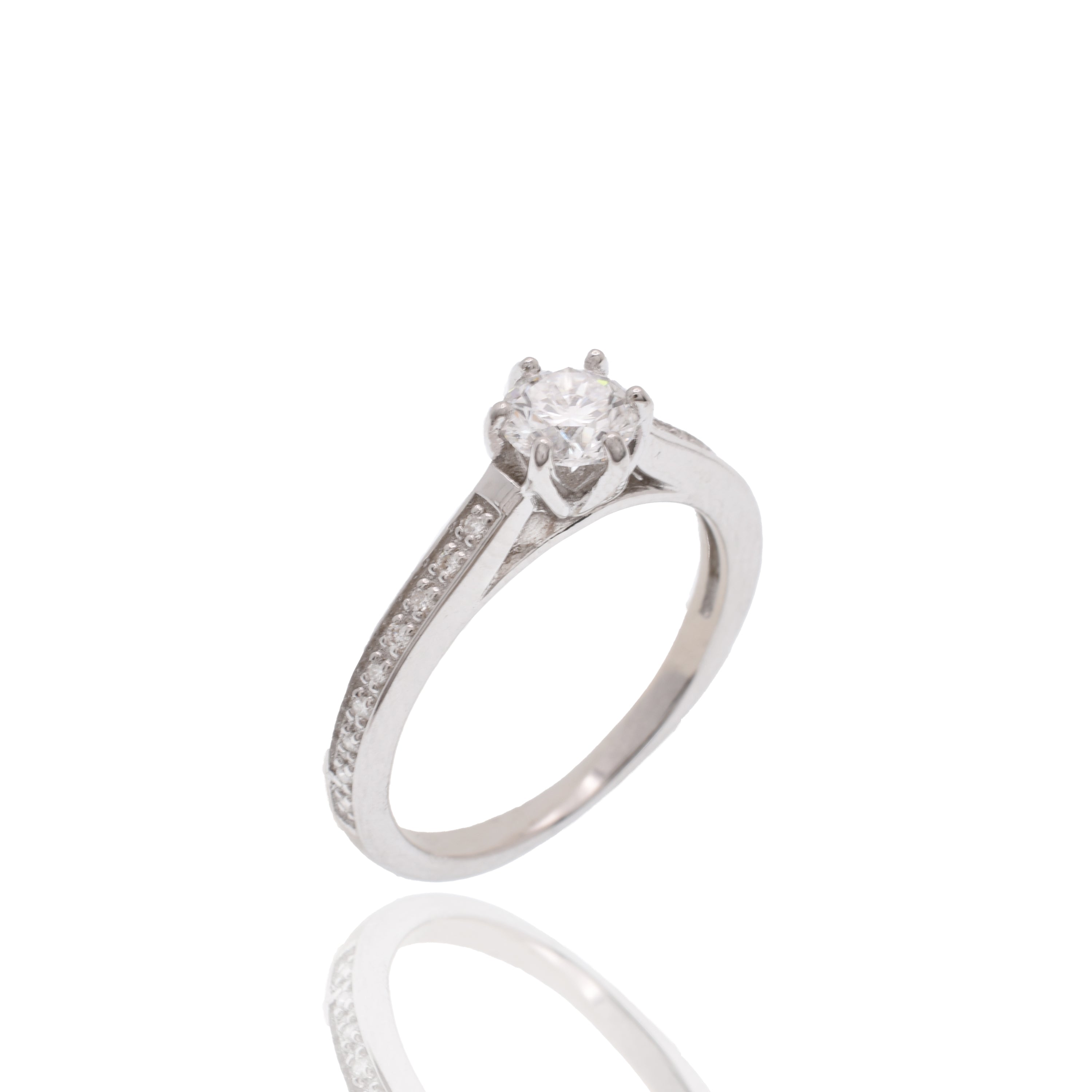 Rhodium Plated 925 Sterling Silver 5mm Round Lab Grown Diamond Pave Side Stones on Cathedral Style Engagement Ring - LGMR00007