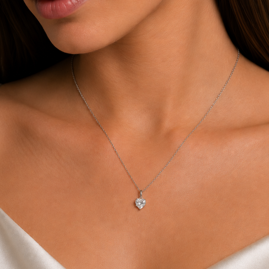 Rhodium Plated 925 Sterling Silver 0.8 Carat Solitaire Heart Adjustable Pendant Necklace - MDGP00007