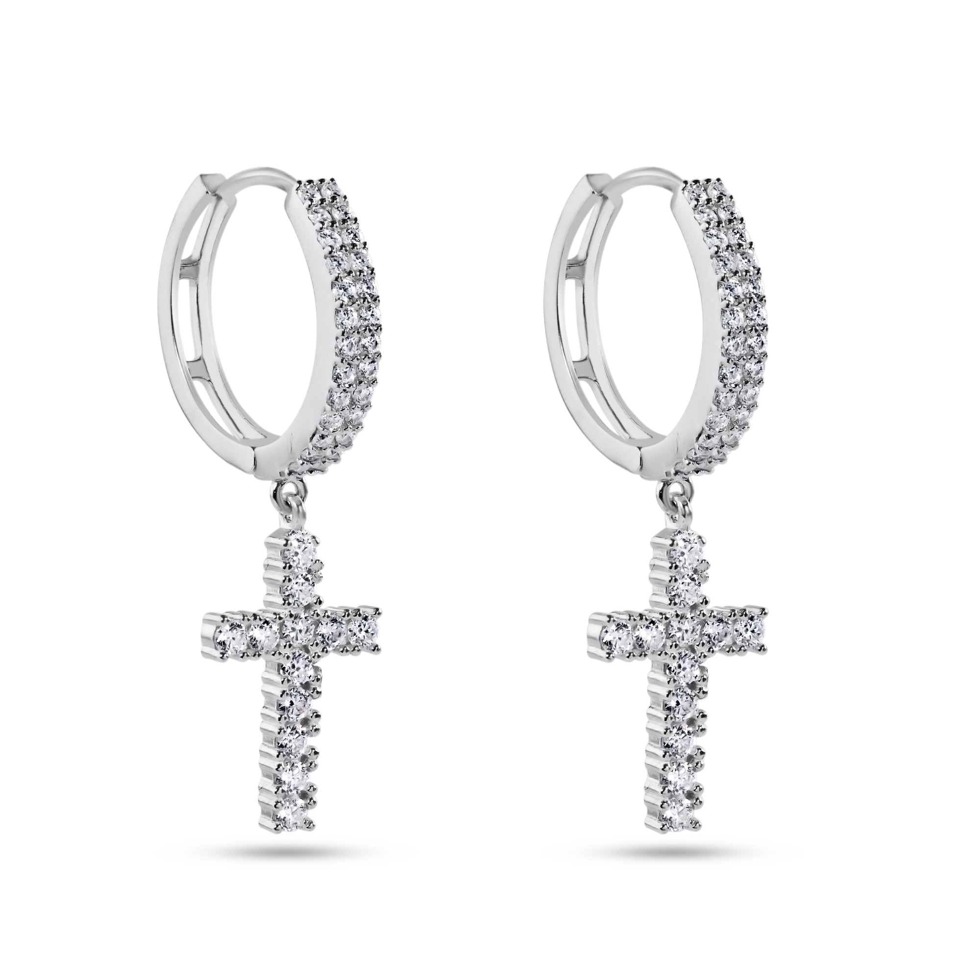 Rhodium Plated 925 Sterling Silver Moissanite Cross Hoop Earring - MGME00037