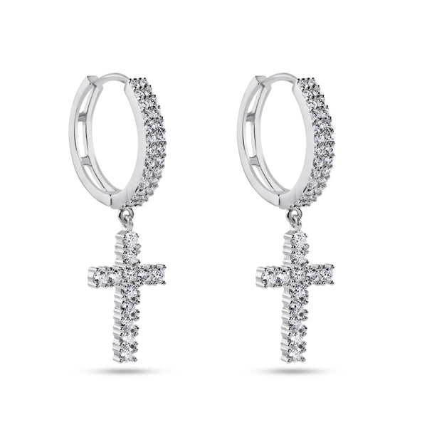 Sterling Rhodium Plated 925 Sterling Silver Moissanite Cross Hoop Earring - MGME00037