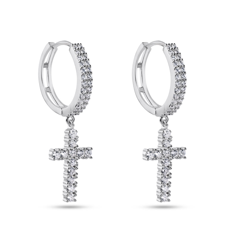 Sterling Rhodium Plated 925 Sterling Silver Moissanite Cross Hoop Earring - MGME00037