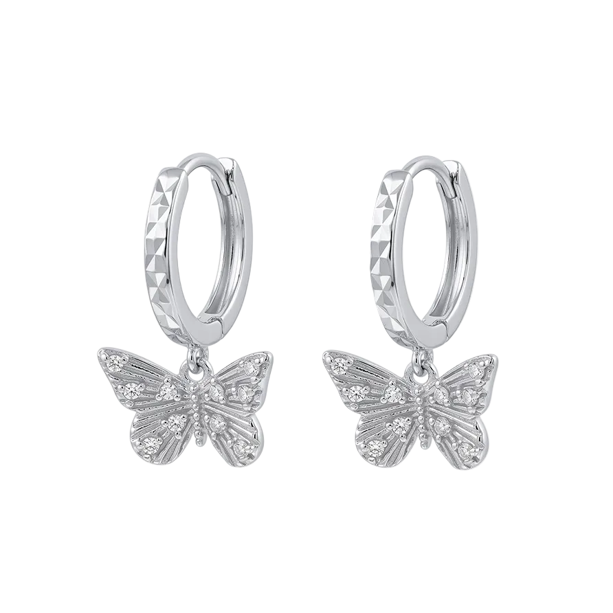 Rhodium Plated 925 Sterling Silver Moissanite Diamond Cut Butterfly Hoop Earring - MGME00042