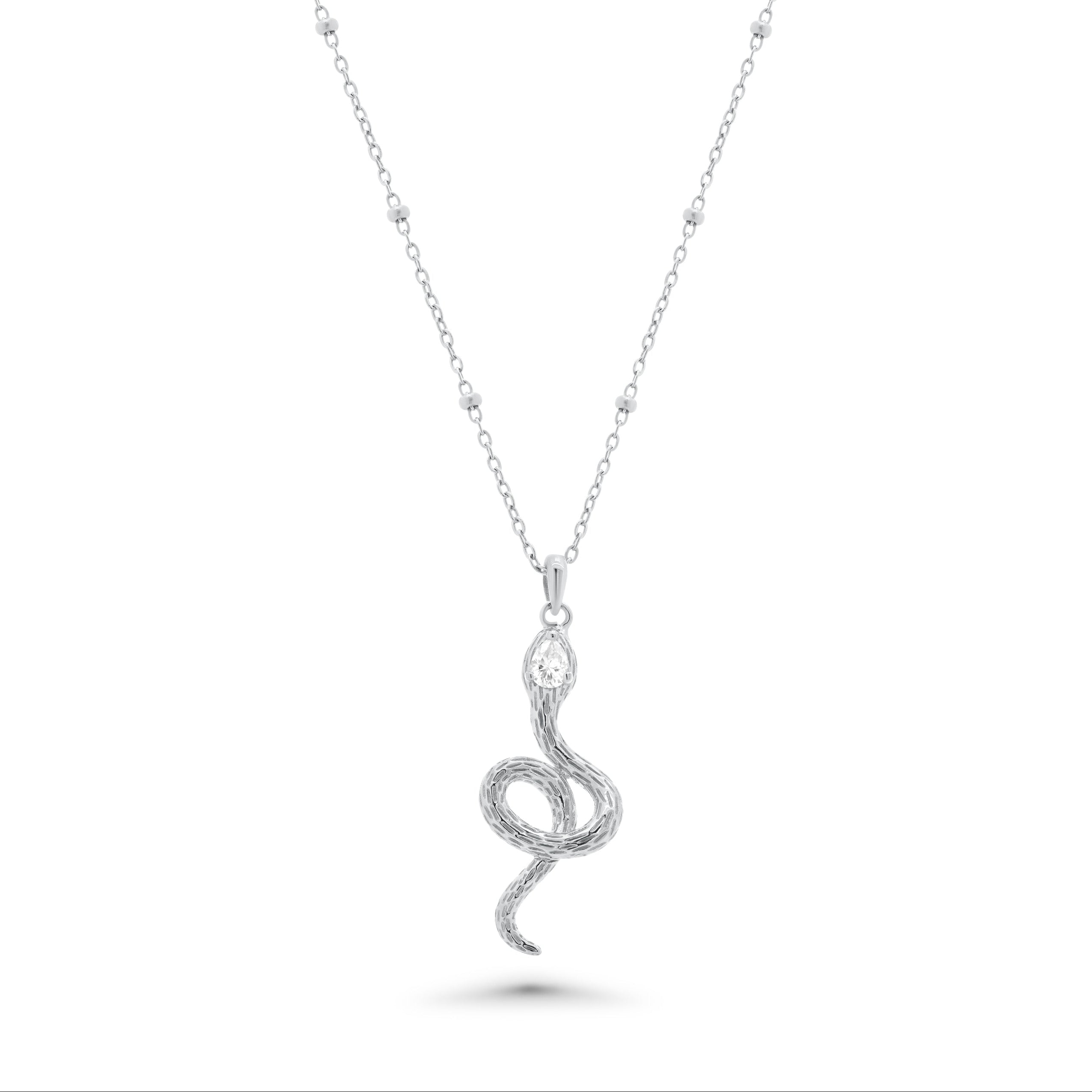Rhodium Plated 925 Sterling Silver Moissanite Snake W/Bead Pendant Necklace - MGMN00026