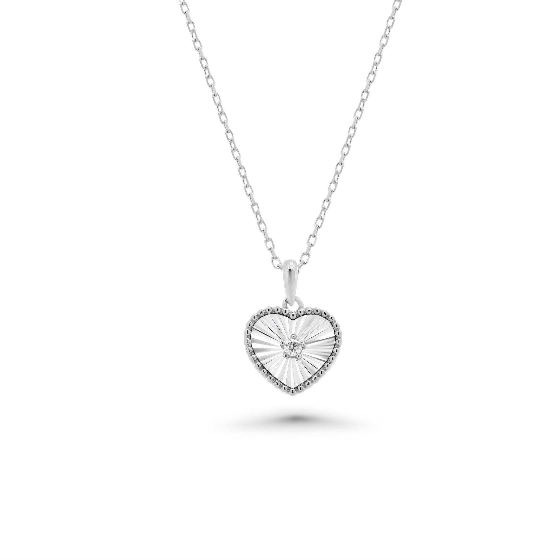Rhodium Plated 925 Sterling Silver Flutted Heart Moissanite Pendant Necklace - MGMN00027