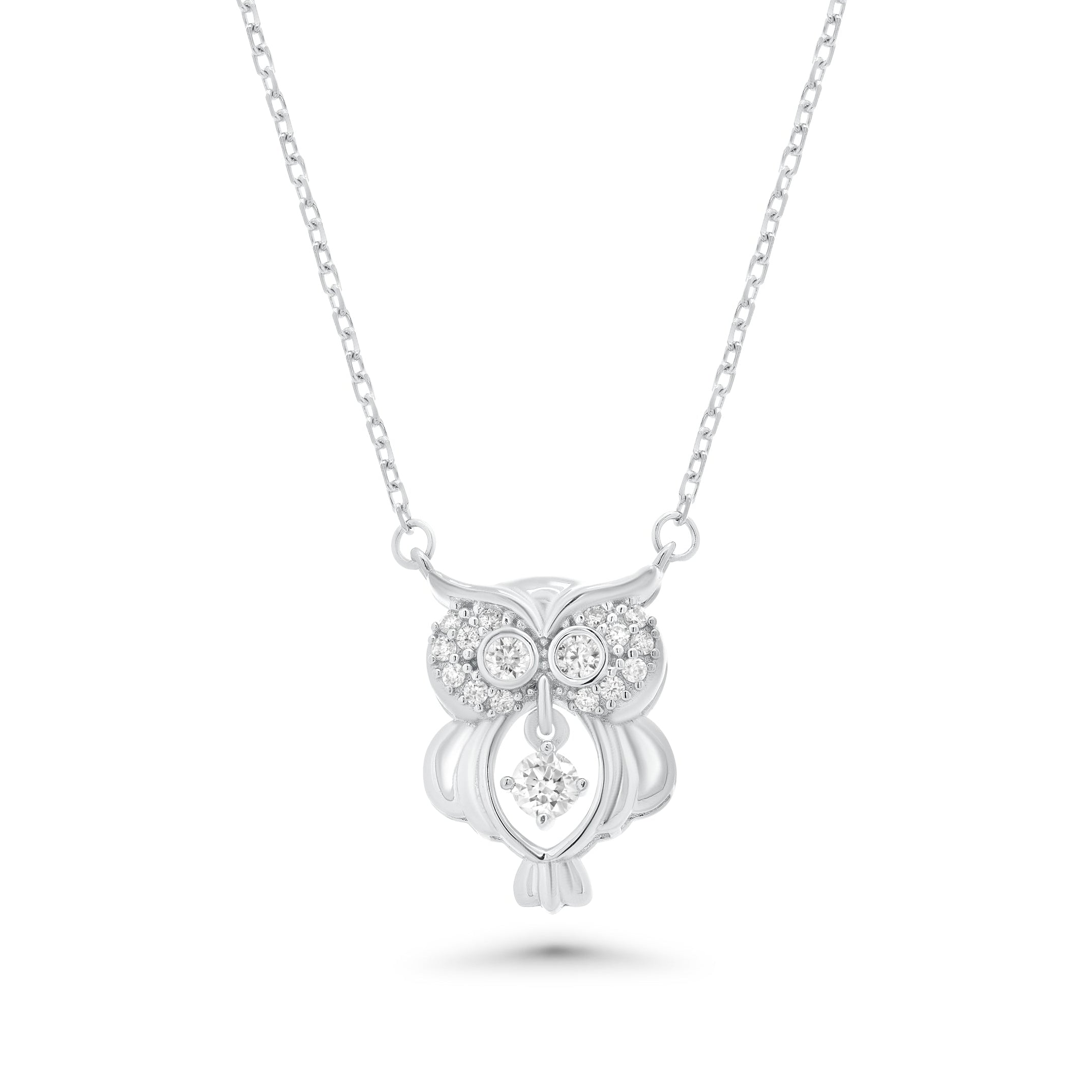 Rhodium Plated 925 Sterling Silver Dancing Moissanite Owl Pendant Necklace - MGMN00028