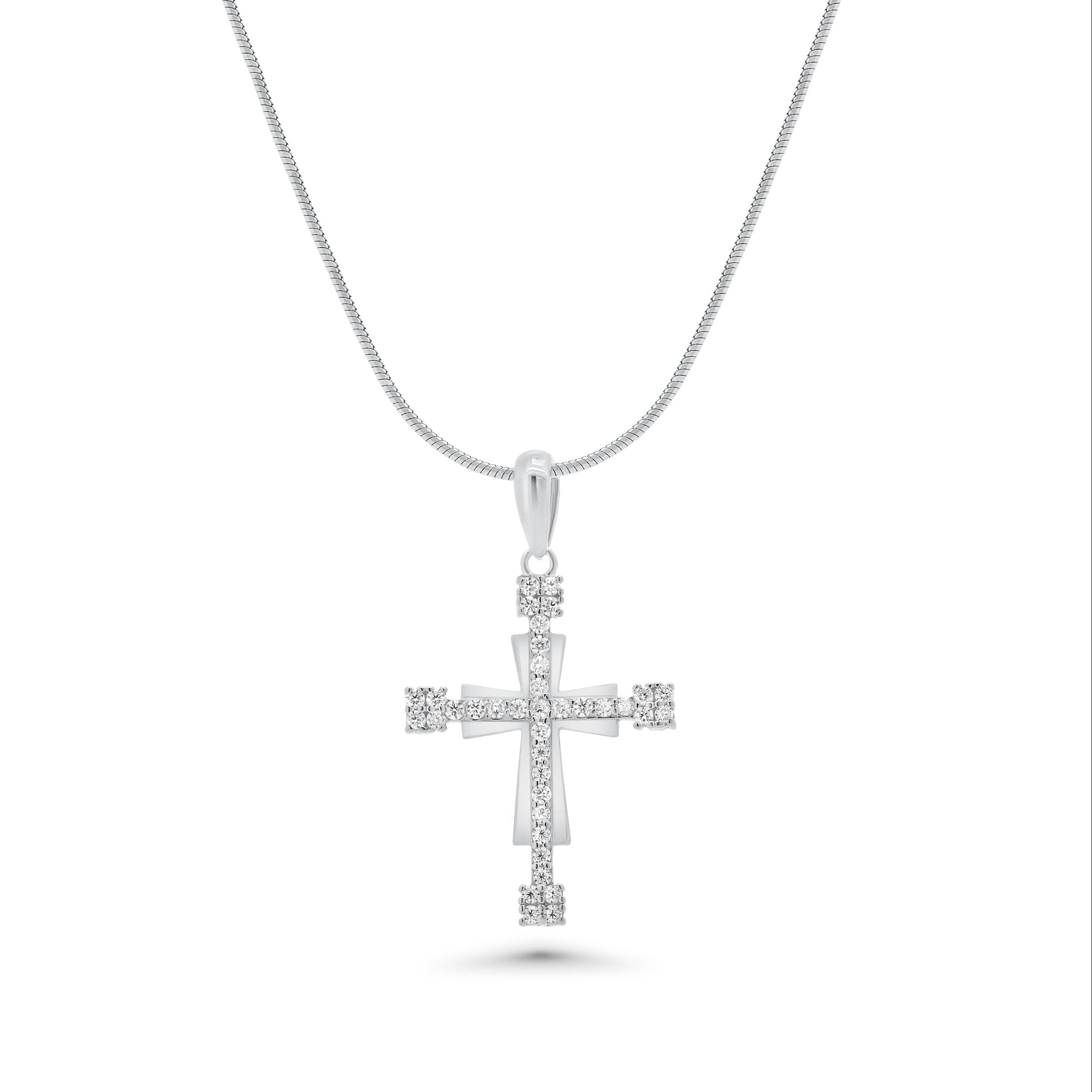 Rhodium Plated 925 Sterling Silver Moissanite Double Layer Cross Pendant - MGMP00009