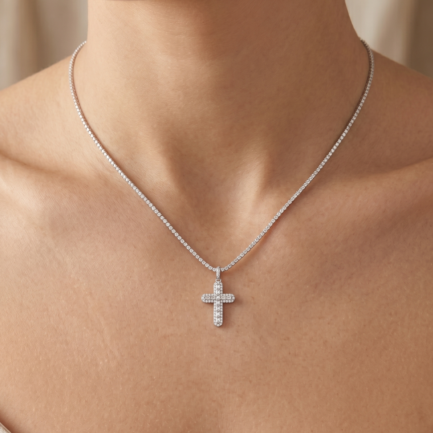 Rhodium Plated 925 Sterling Silver Moissanite Multi Color Bagguette Pave Cross Pendant - MGMP00011