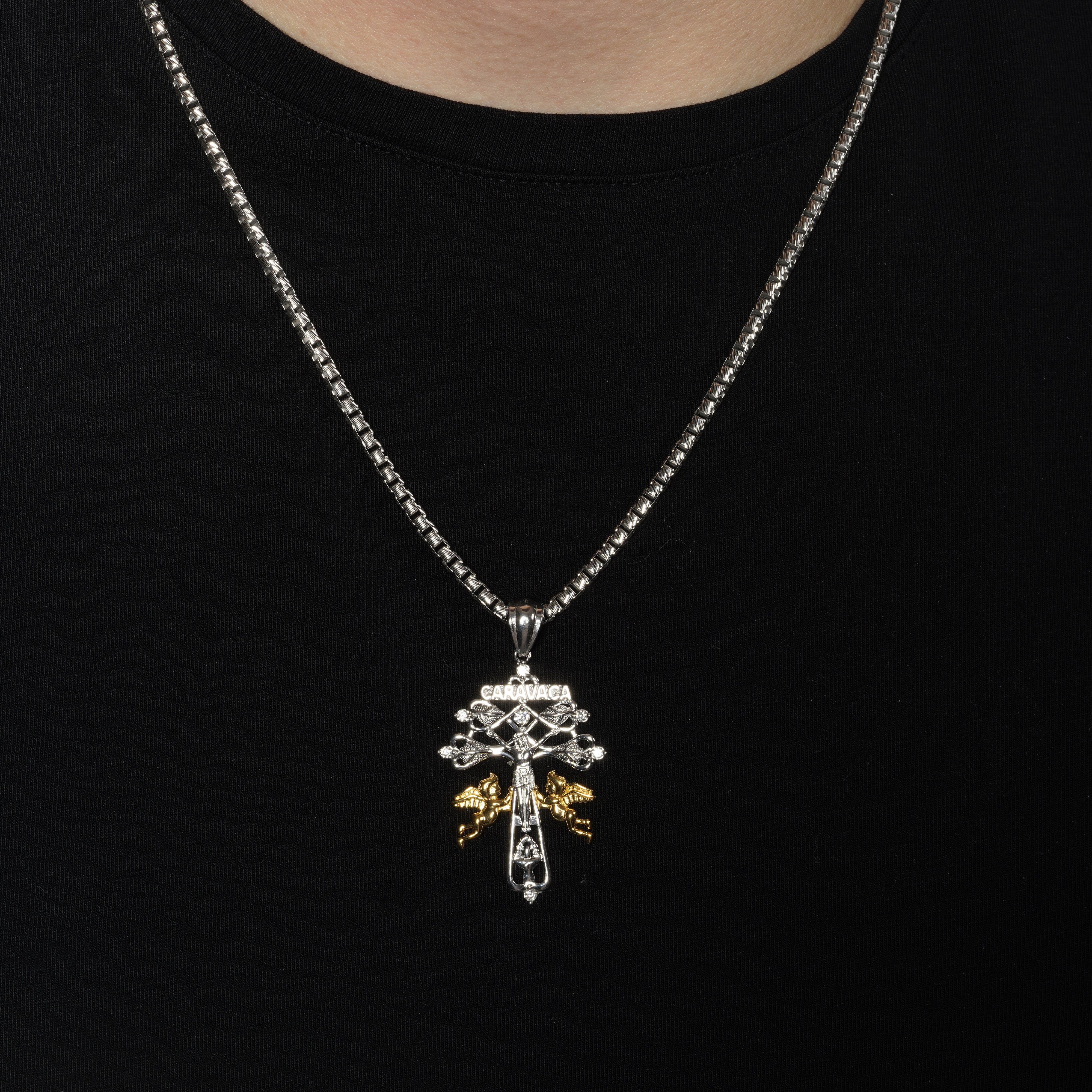 Two-Tone Plated 925 Sterling Silver Moissanite Crucifix Jesus Cross Cherubs Caravaca Pendant - MGMP00015