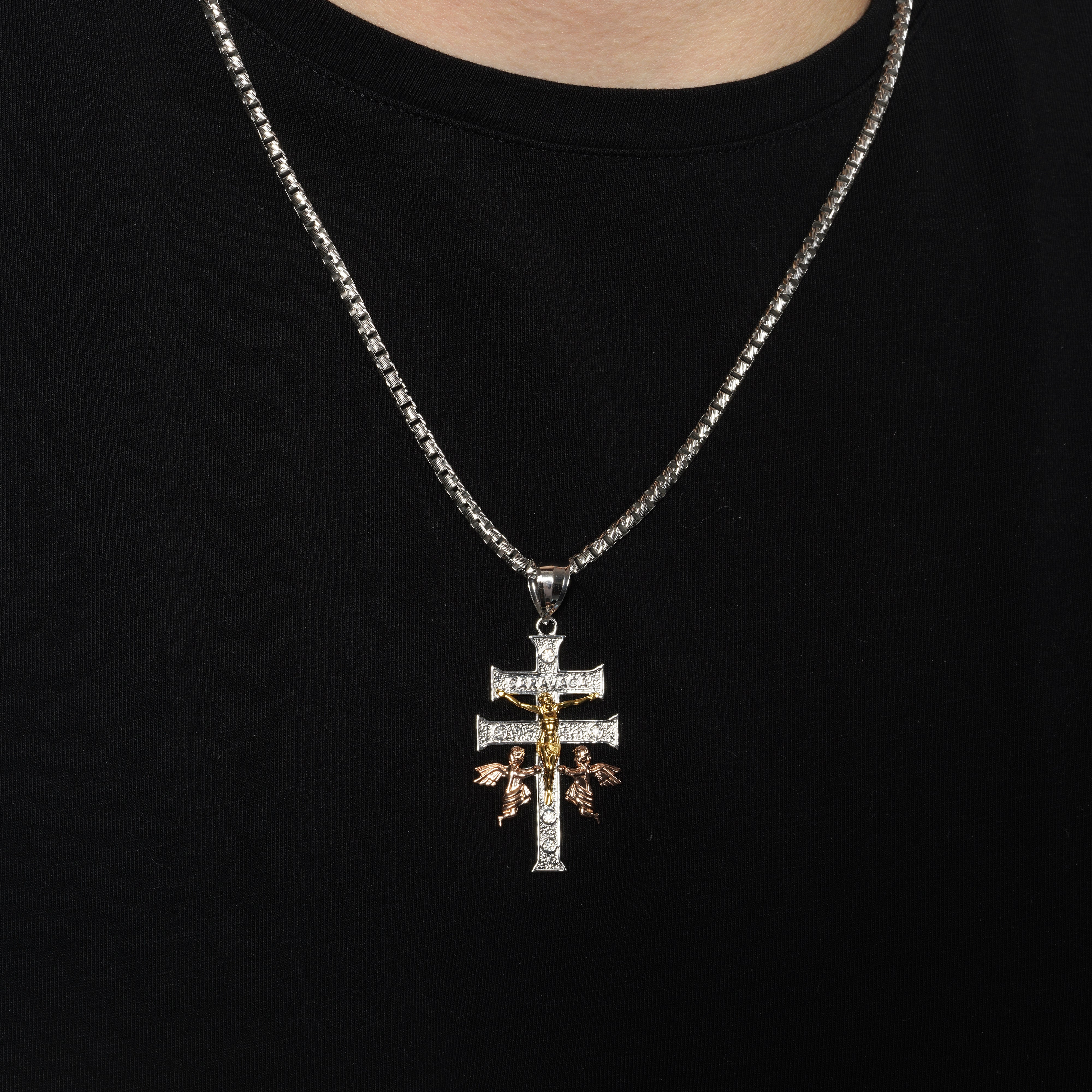 Three-Tone Plated 925 Sterling Silver Moissanite Crucifix Cherubs Caravaca Pendant - MGMP00024 | MGMP00025