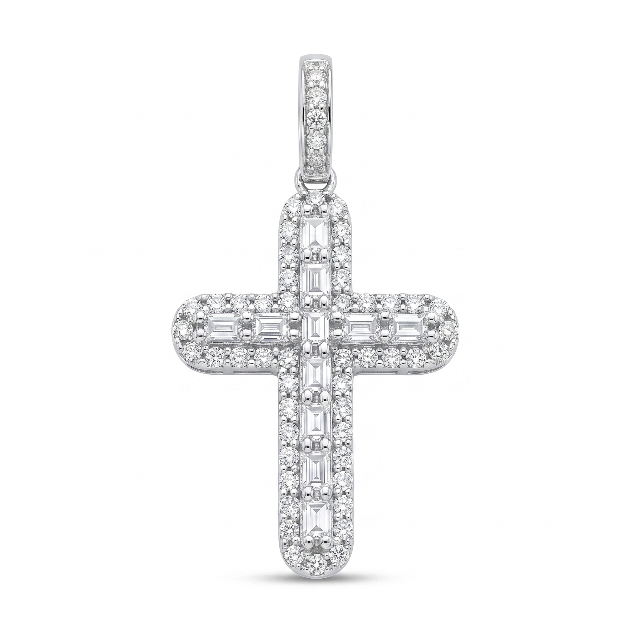 Rhodium Plated 925 Sterling Silver Moissanite Multi Color Bagguette Pave Cross Pendant - MGMP00011