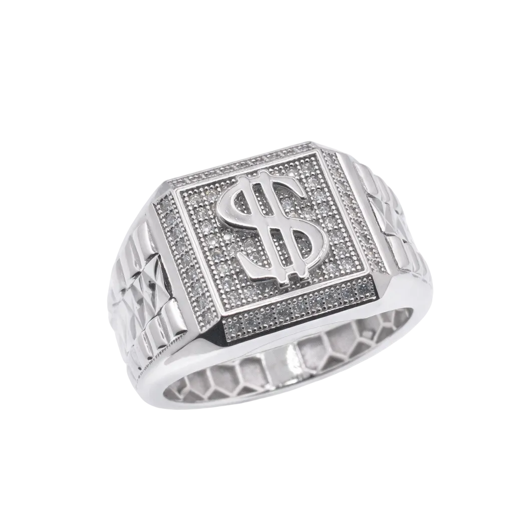 Rhodium Plated 925 Sterling Silver Moissanite Men's Iced Dollar Sign Statement Ring - MGMR00043
