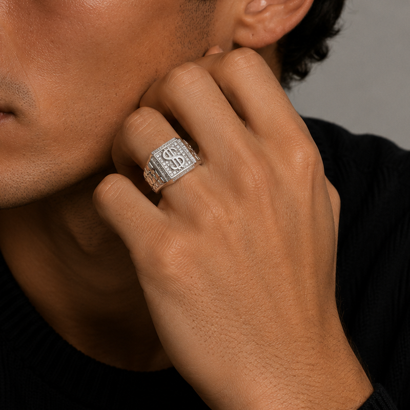 Anillo llamativo para hombre con símbolo de dólar helado y moissanita de plata de ley 925 con baño de rodio - MGMR00043