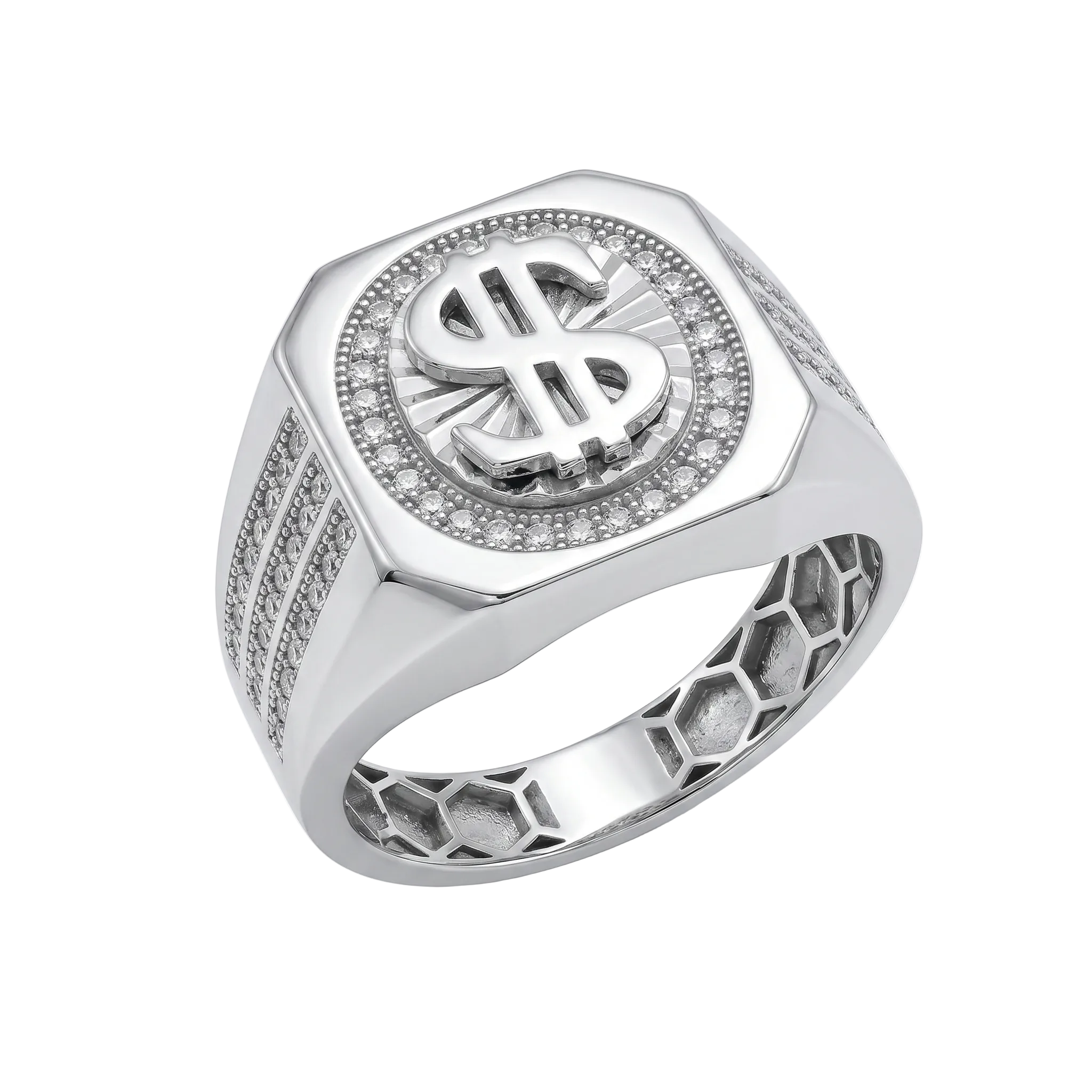 Rhodium Plated 925 Sterling Silver Moissanite Men's Dollar Sign Pave Halo Ring - MGMR00044
