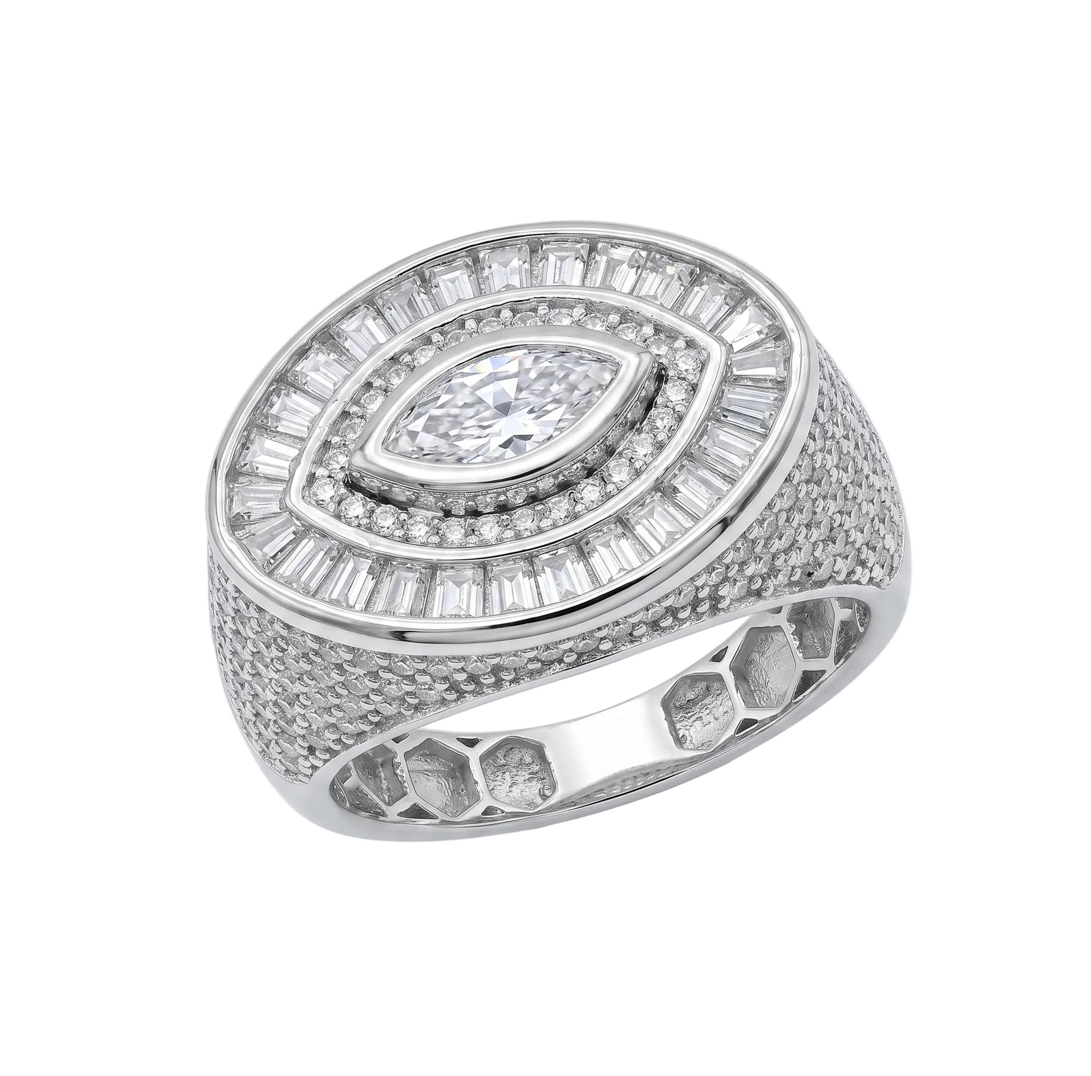 Rhodium Plated 925 Sterling Silver Moissanite Men's Oval Marquise Halo Ring - MGMR00047