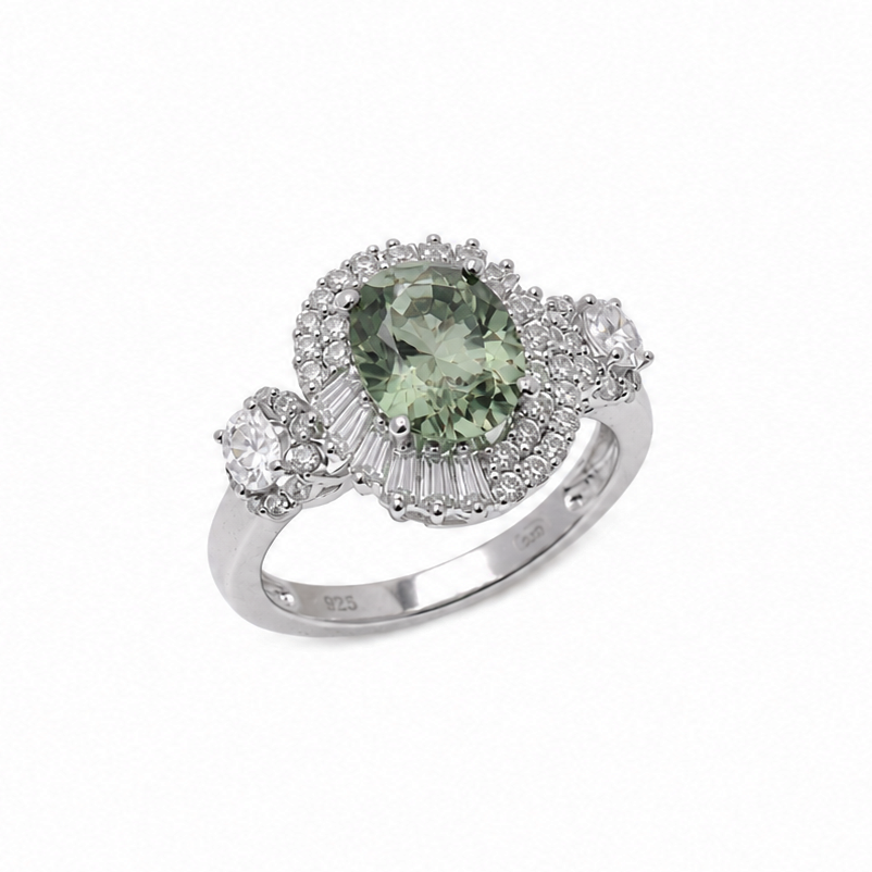 Rhodium Plated 925 Sterling Silver Moissanite Cushion Cut Halo 3-Stone Statement Ring - MGMR00057