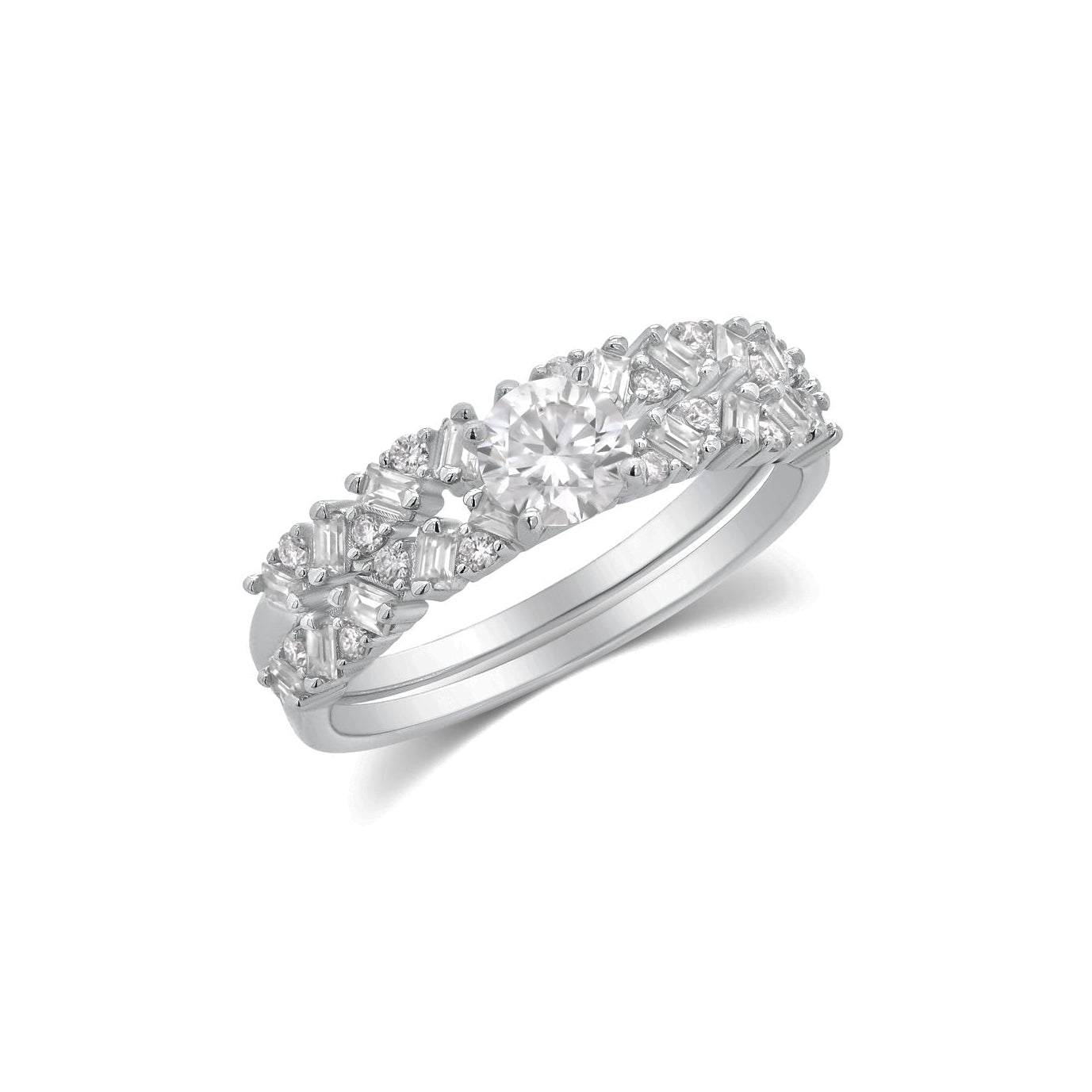 Rhodium Plated 925 Sterling Silver Moissanite Round Solitaire Center Double Band Ring - MGMR00062