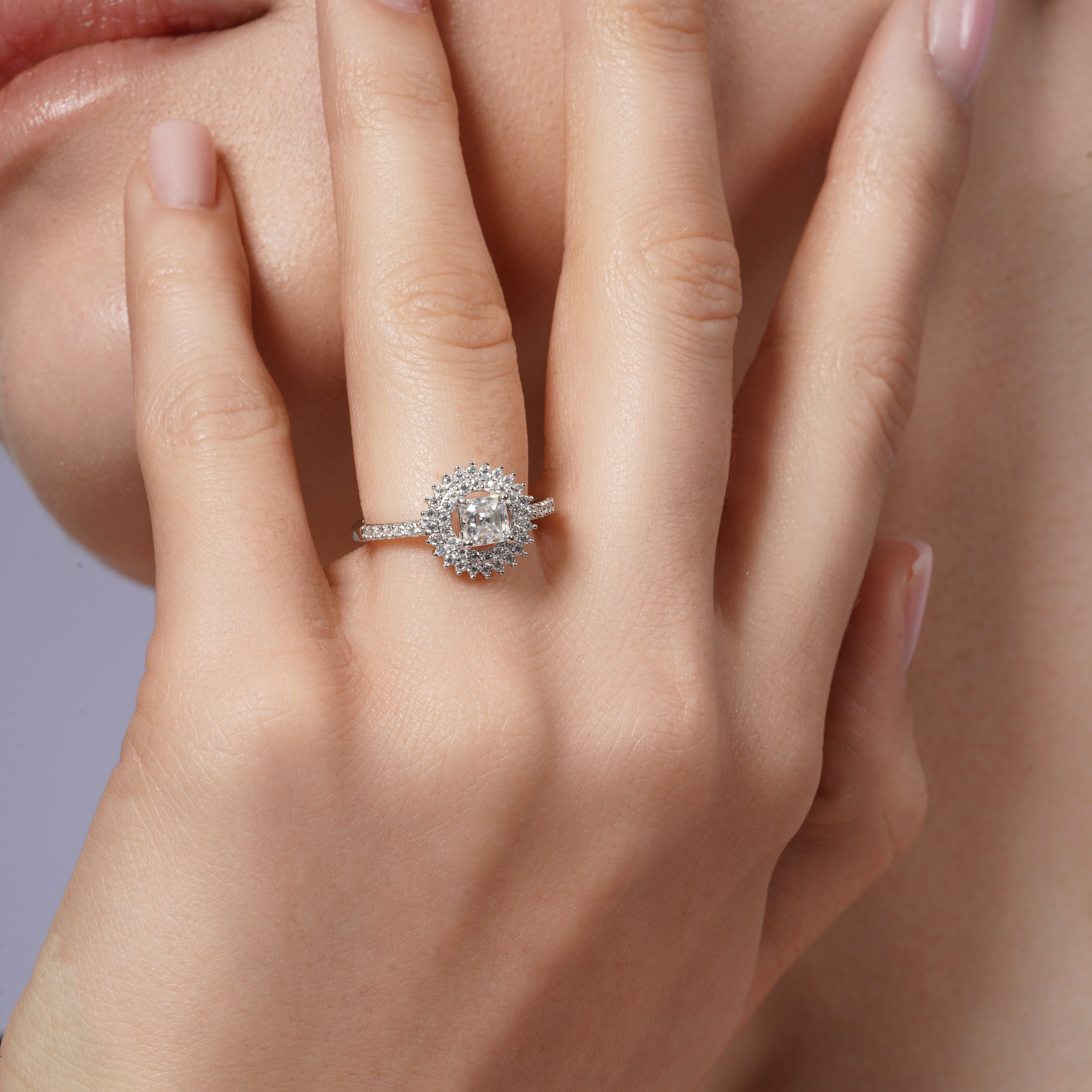 Rhodium Plated 925 Sterling Silver Moissanite Square Halo Double Pave Ring - MGMR00064
