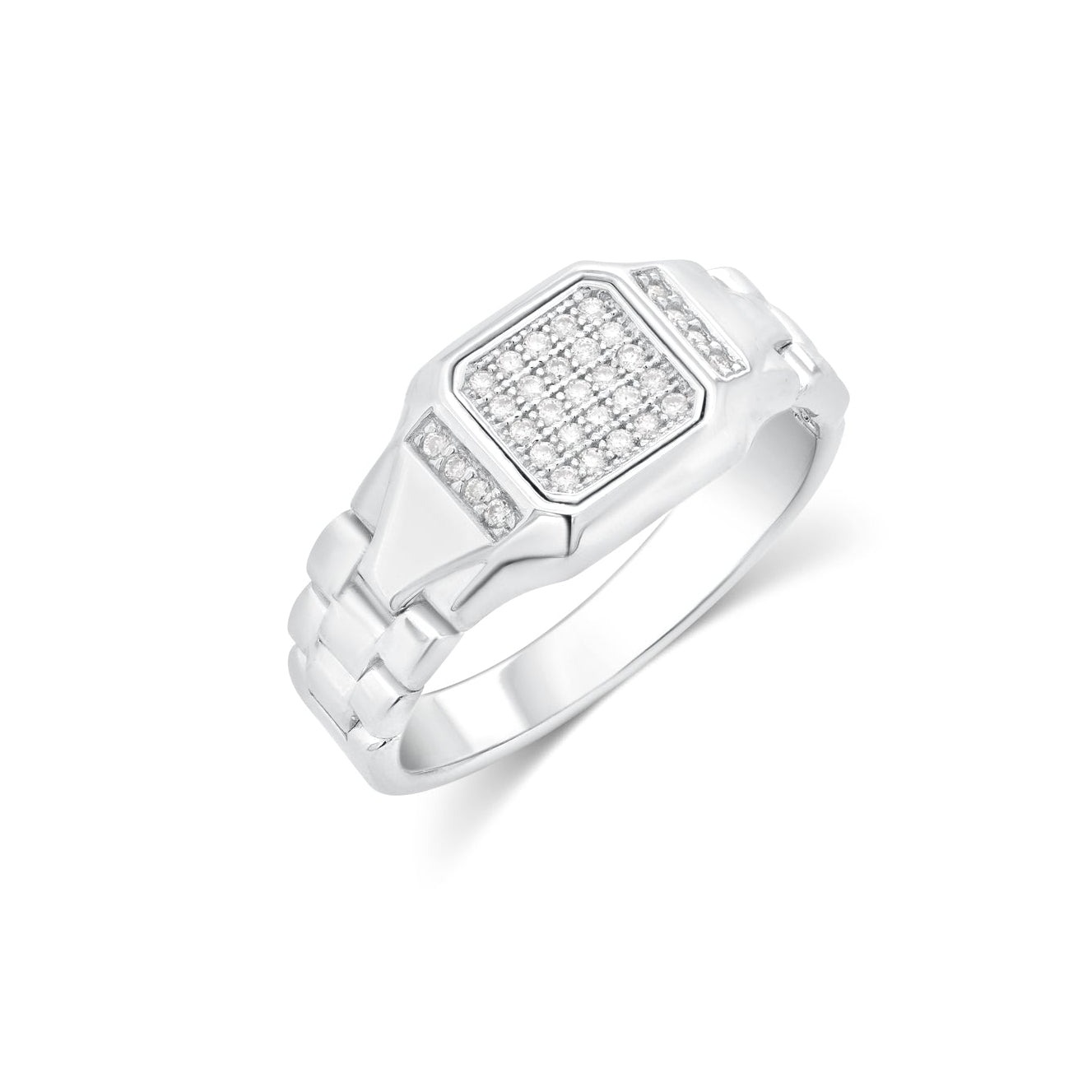 Rhodium Plated 925 Sterling Silver Men's Moissanite Rectangular Pave Bold Link Ring - MGMR00066