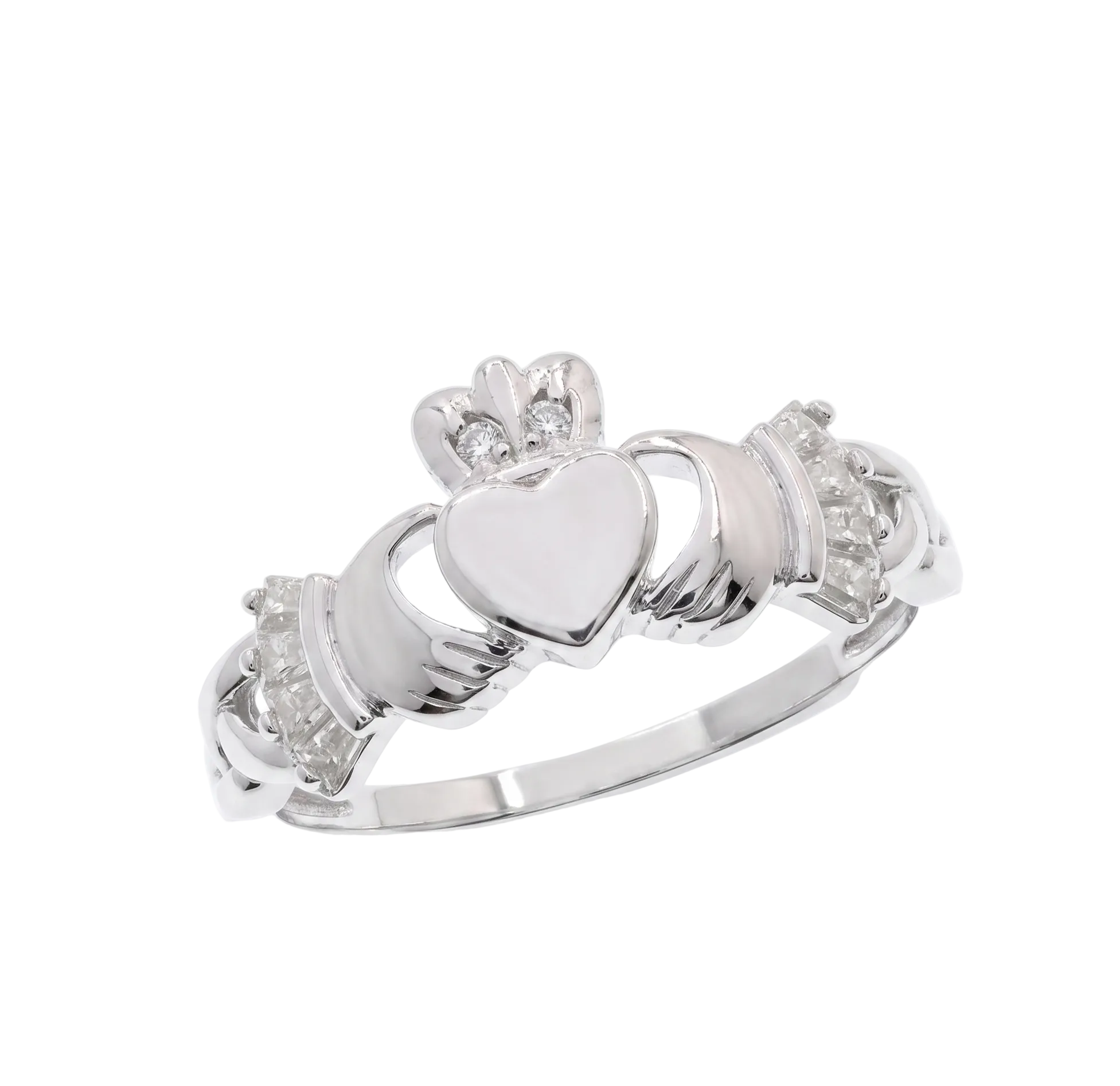 Rhodium Plated 925 Sterling Silver Moissanite Claddagh Ring with Baguette-Cut Stone Accents Ring - MGMR00067