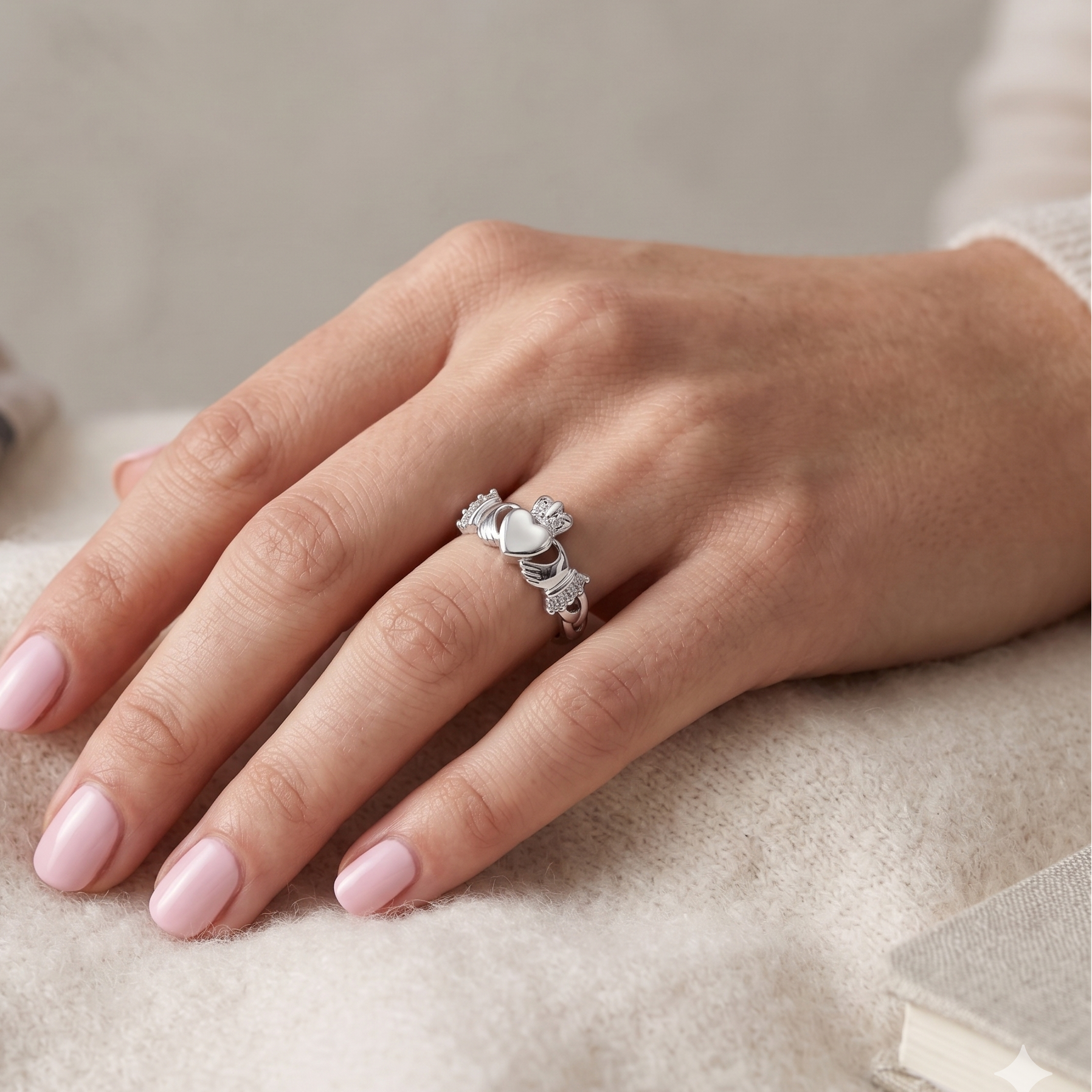 Rhodium Plated 925 Sterling Silver Moissanite Claddagh Ring with Baguette-Cut Stone Accents Ring - MGMR00067
