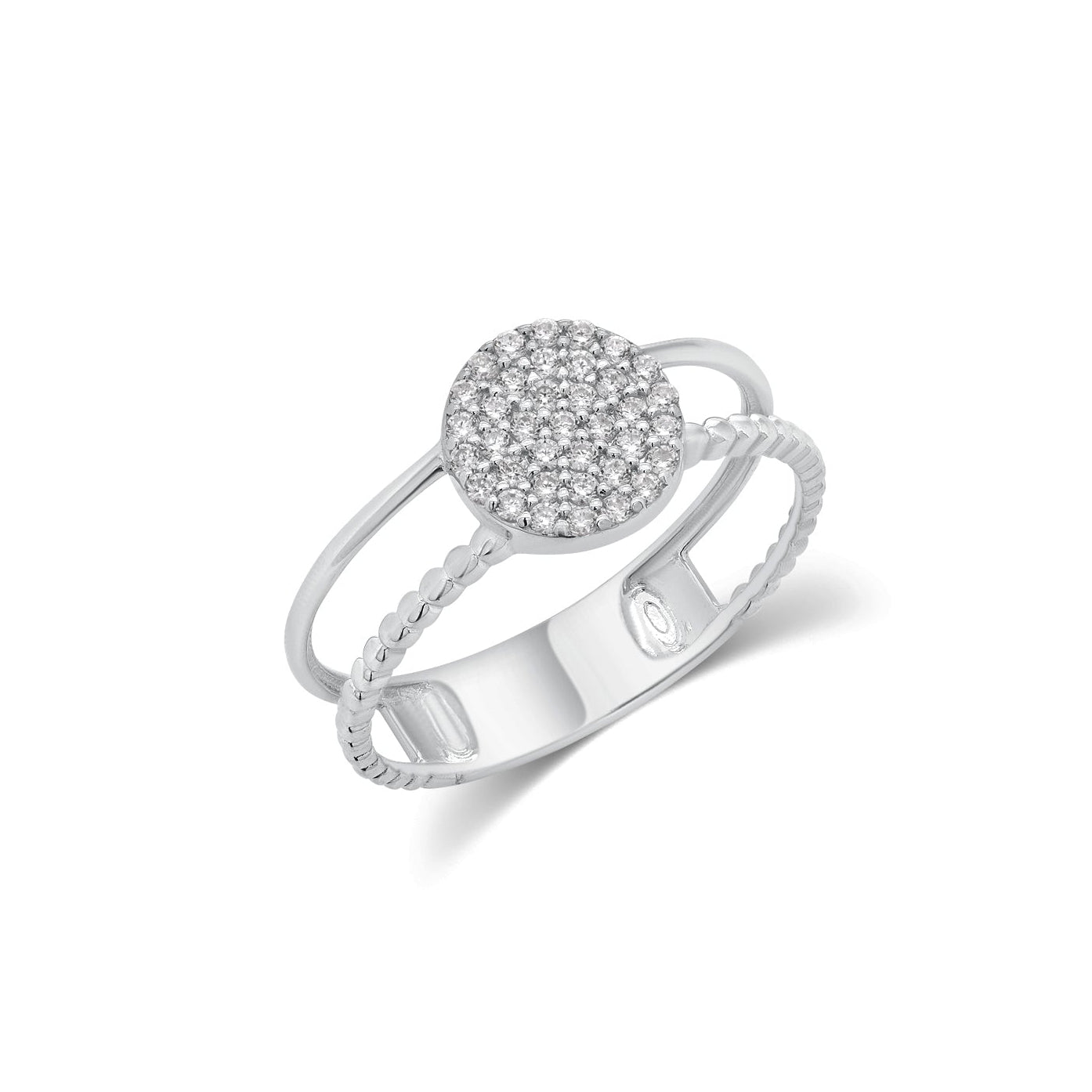 Rhodium Plated 925 Sterling Silver Moissanite Round Cluster Top Split Band Ring - MGMR00068