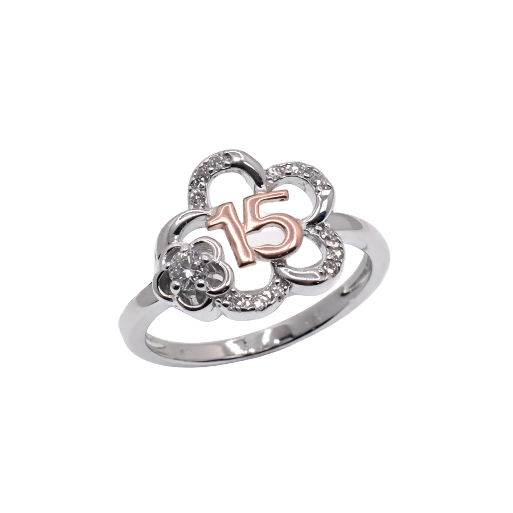 Two-Tone Plated 925 Sterling Silver Moissanite Stone Quinceañera Flower Ring - MGMR00075