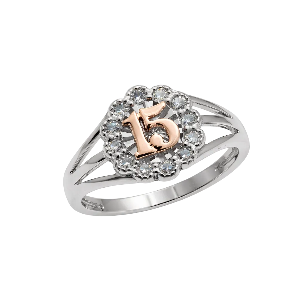 Two-Tone Plated 925 Sterling Silver Moissanite Stone Quinceañera Halo Ring - MGMR00076