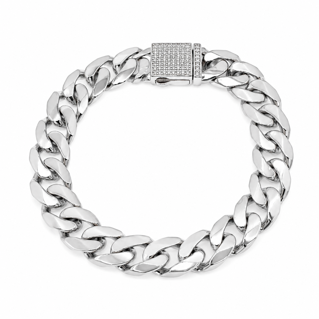 Rhodium Plated 925 Sterling Silver Moissanite on Lock Classic Cuban Link 12mm Bracelet - MTGB00012