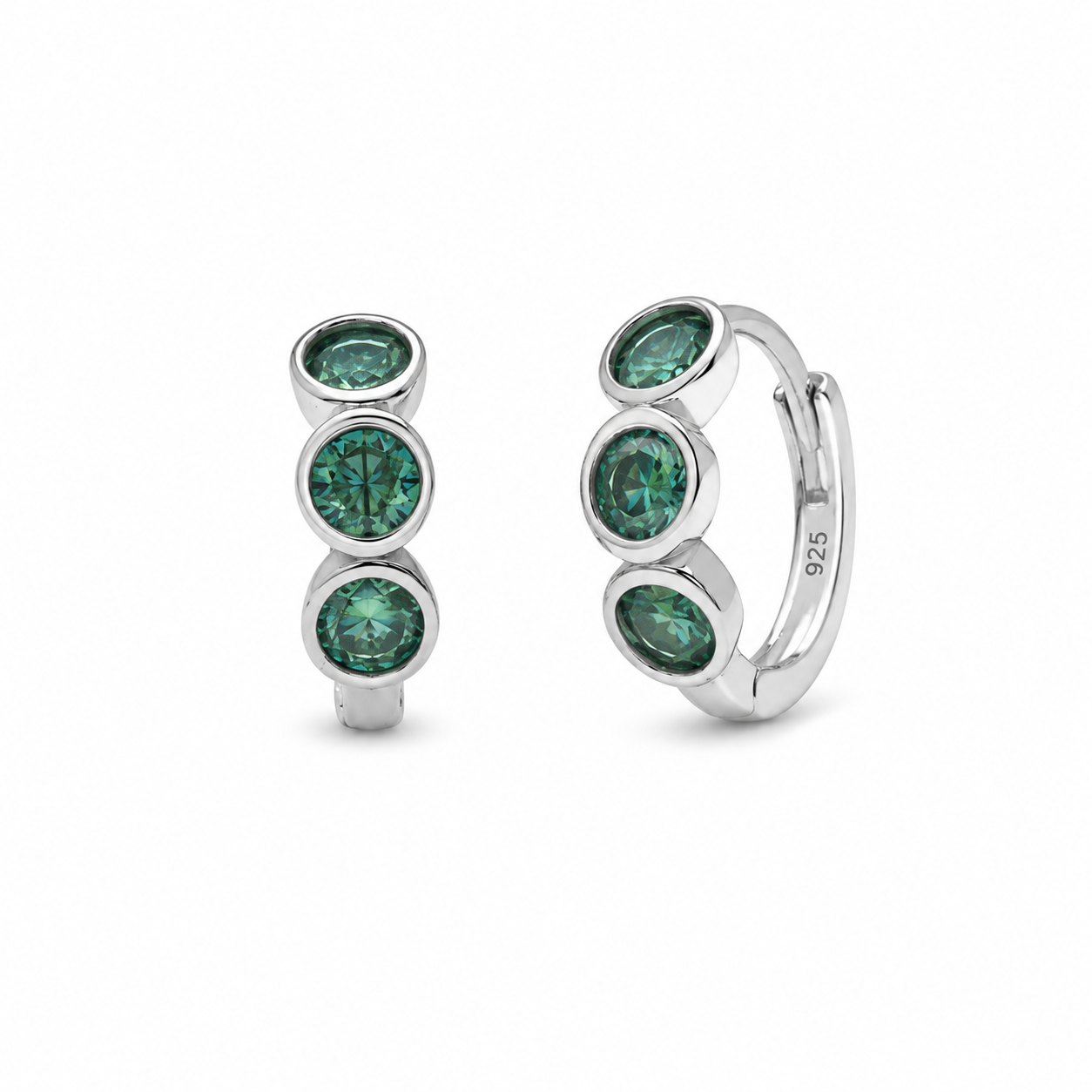 Rhodium Plated 925 Sterling Silver Emerald Green Round Moissanite Huggie Earrings - MTGE000433