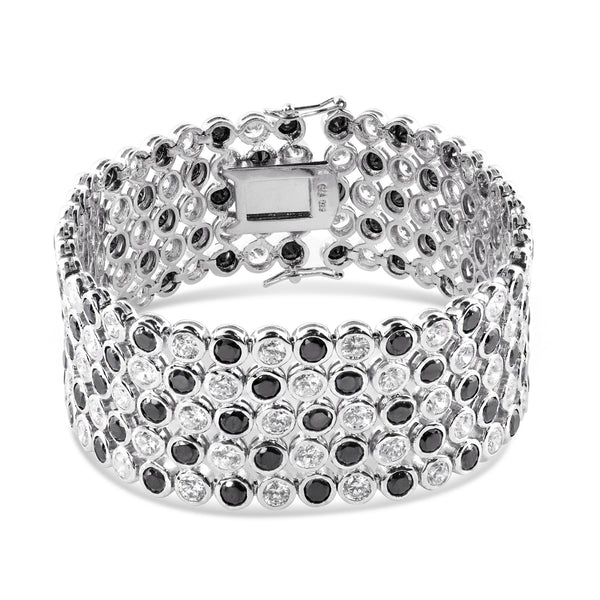 Rhodium Plated 925 Sterling Silver 4 Row Round Blk - Clr Bubble Bracelet - STBM0043