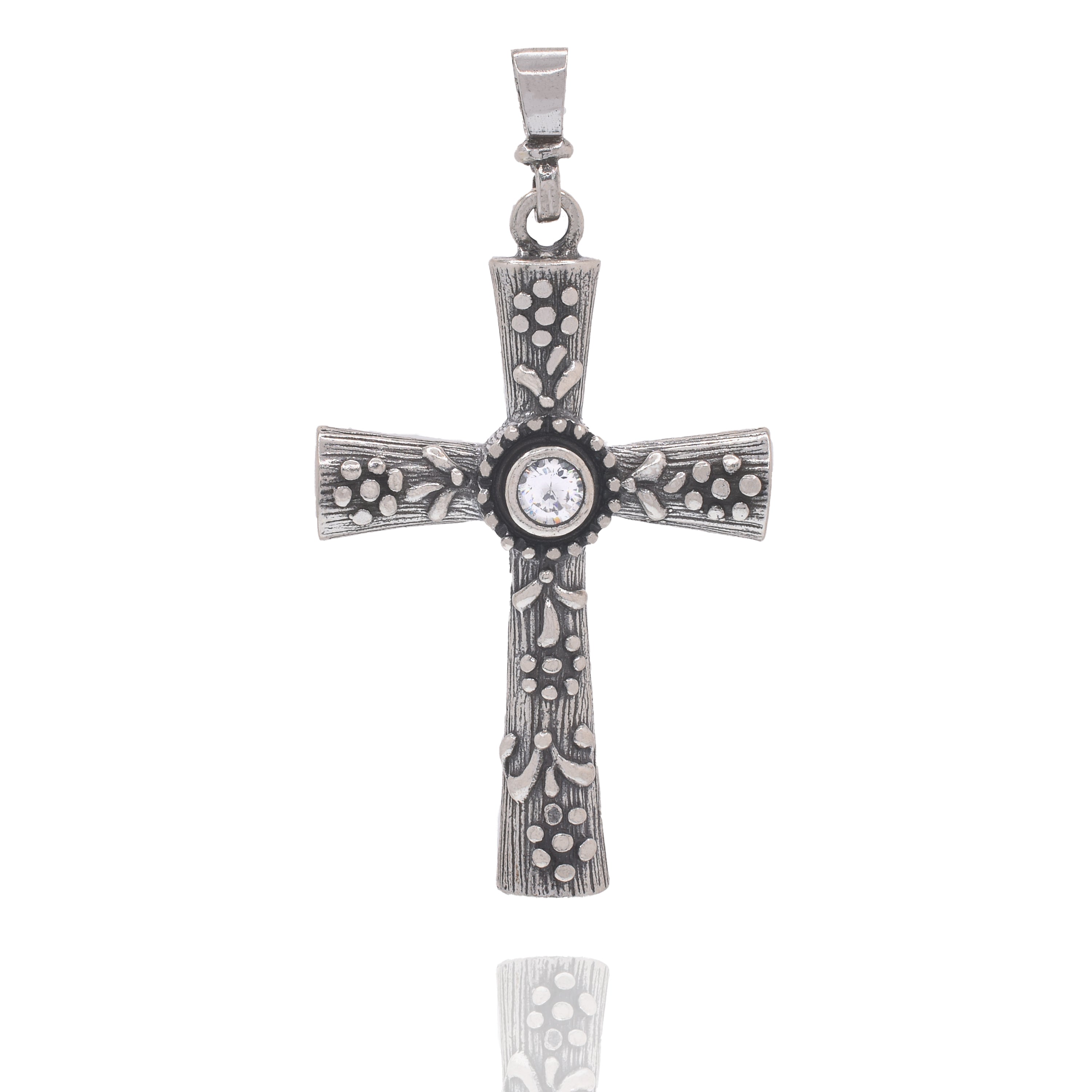 Oxidized 925 Sterling Silver Ornate Floral CZ Center Stone Cross 32mm x 45mm Pendant - OXP00057