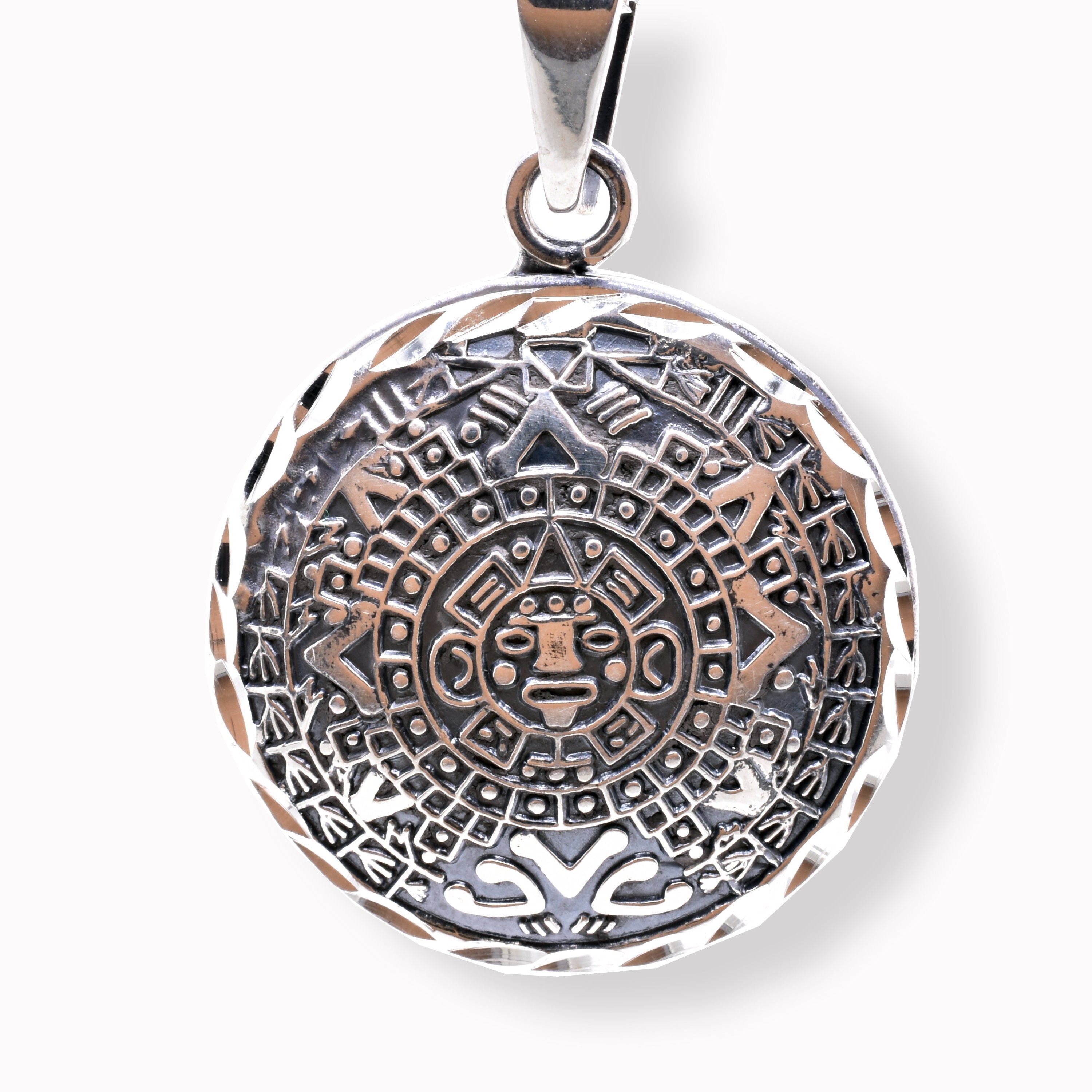 Oxidized 925 Sterling Silver Diamond Cut Puffed Aztec Mayan Calendar 3D Pendant - OXP00063