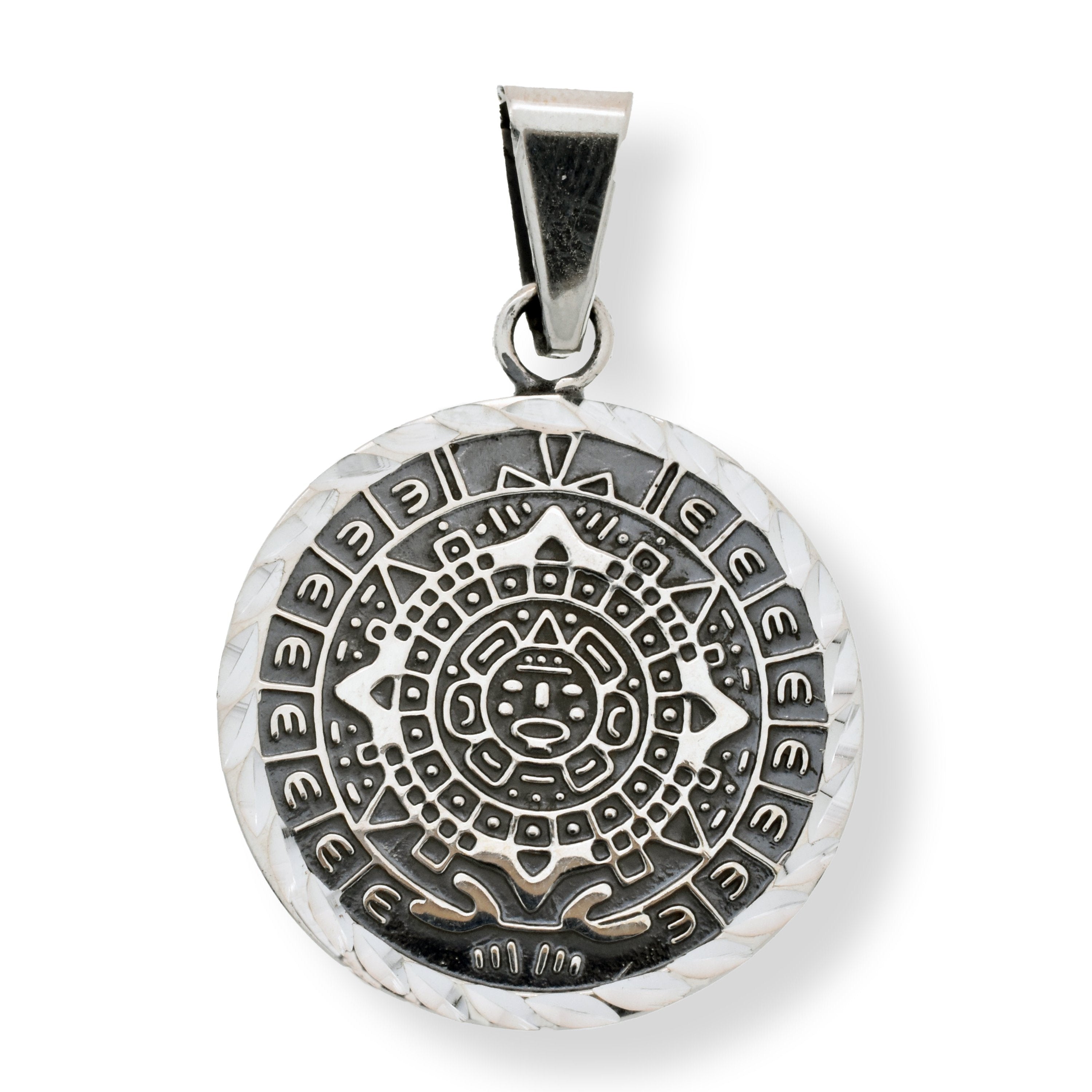 Oxidized 925 Sterling Silver Diamond Cut Flat Aztec Mayan Calendar Pendant - OXP00067